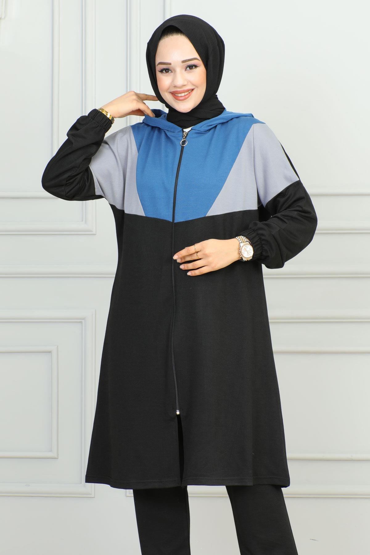 Garnili Fermuarlı Spor Takım Siyah Mavi