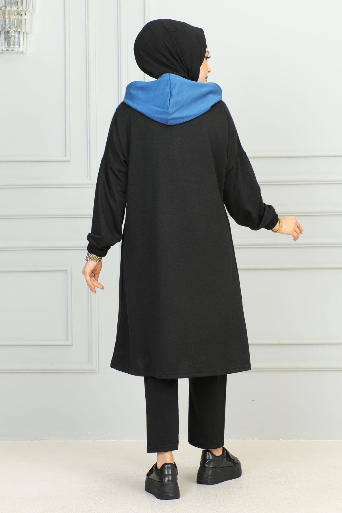 Garnili Fermuarlı Spor Takım Siyah Mavi