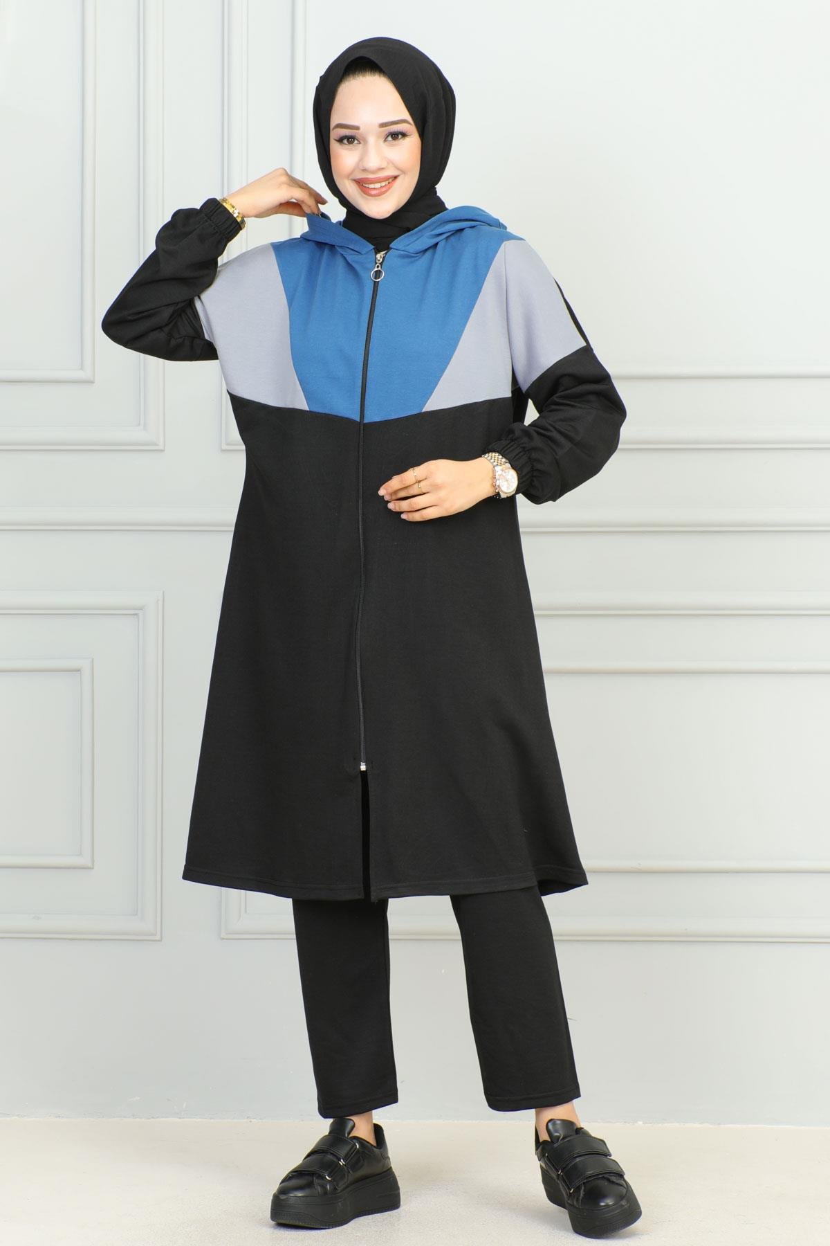 Garnili Fermuarlı Spor Takım Siyah Mavi