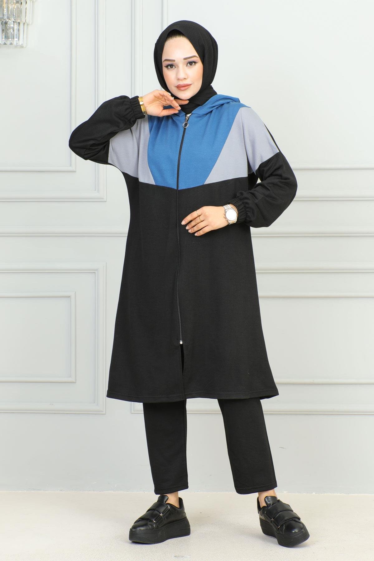 Garnili Fermuarlı Spor Takım Siyah Mavi