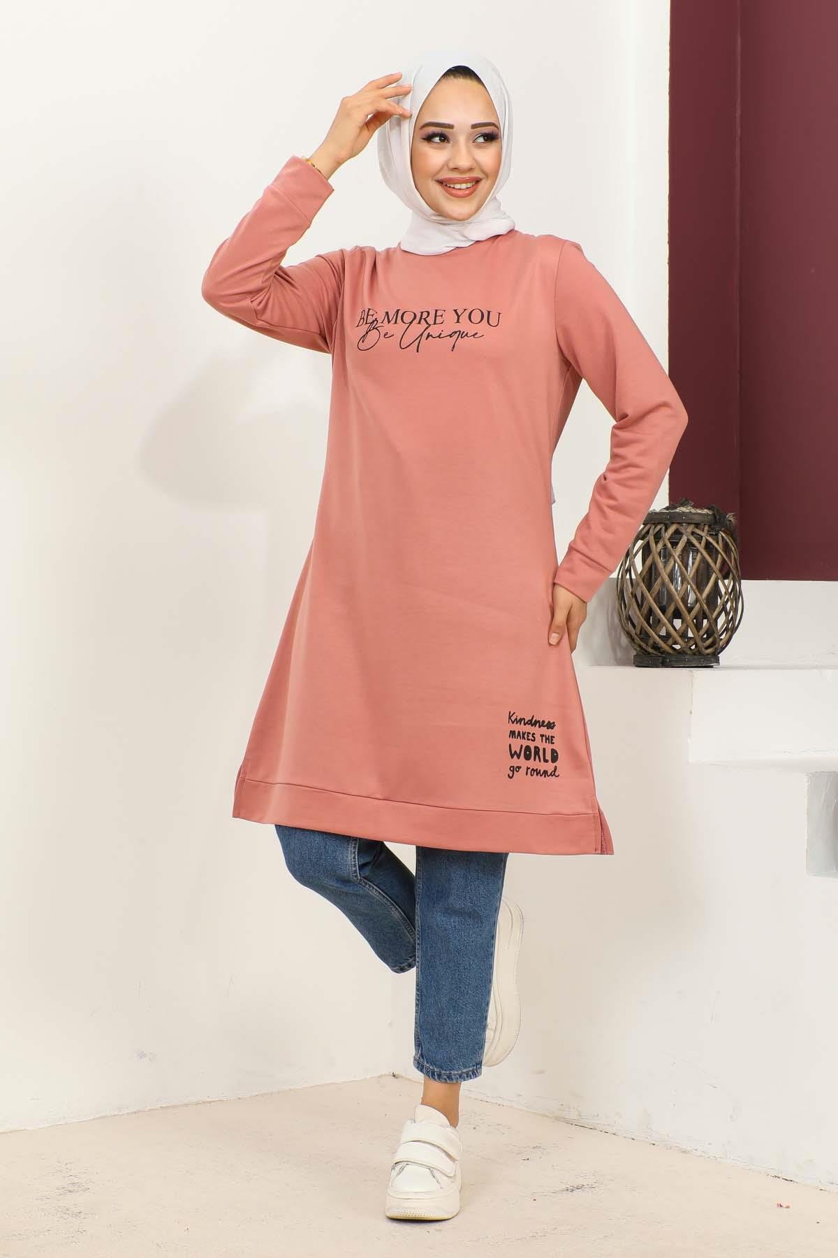 Baskılı Tesettür Tunik Gülkurusu