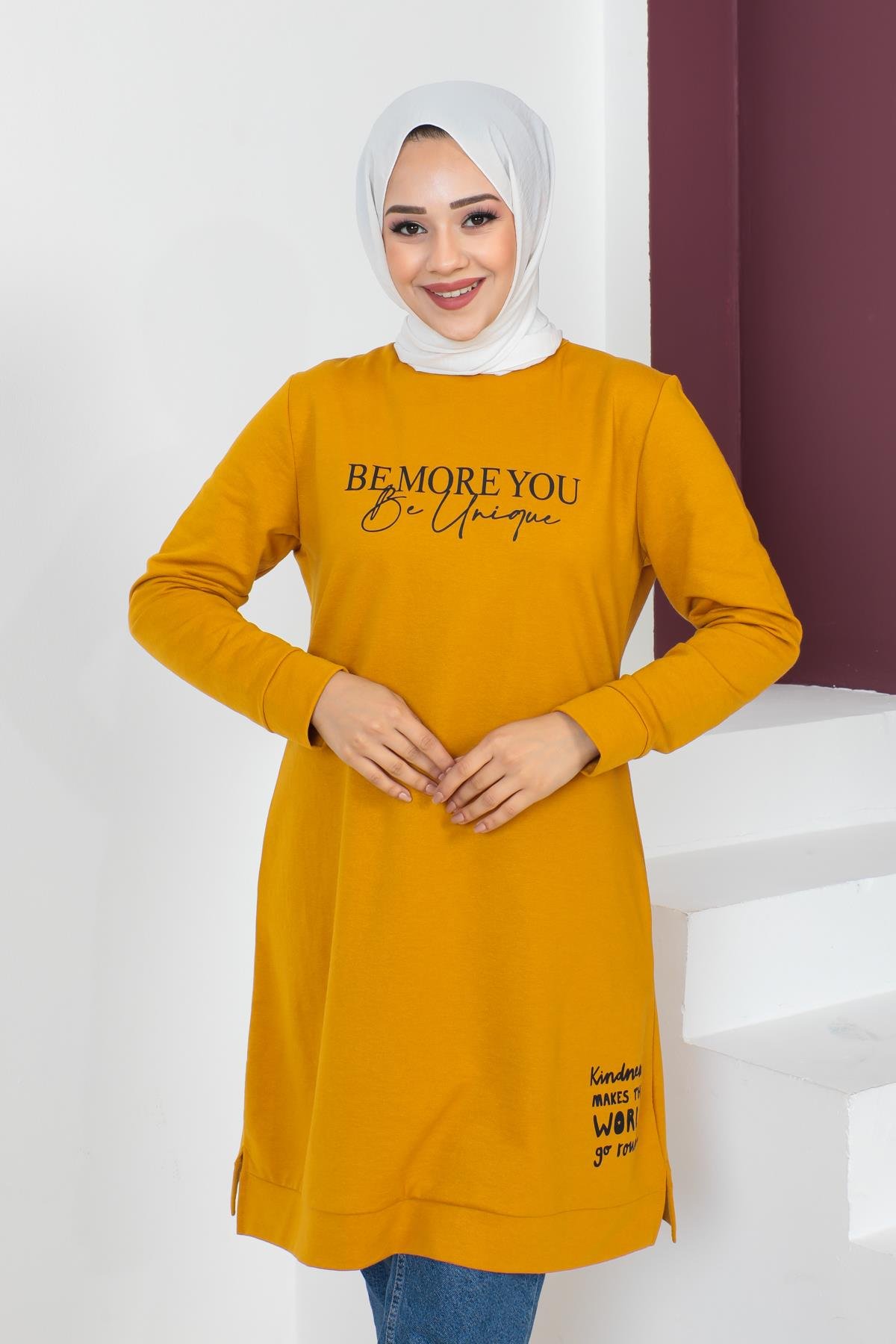 Affan Moda | Baskılı Tesettür Tunik - Safran - Modern Tesettür Giyim