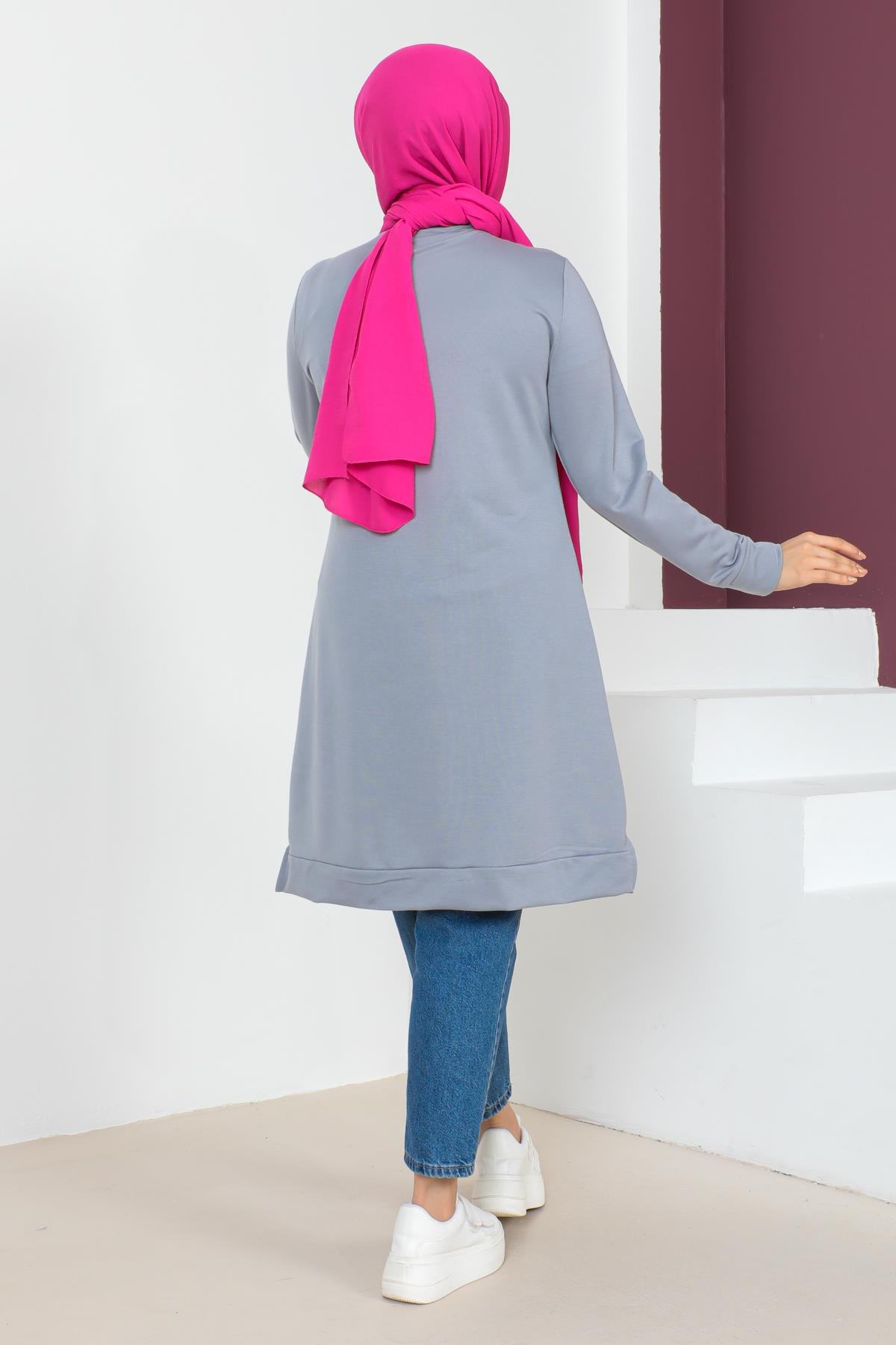 Affan Moda | Baskılı Tesettür Tunik Gri- Modern Tesettür Giyim