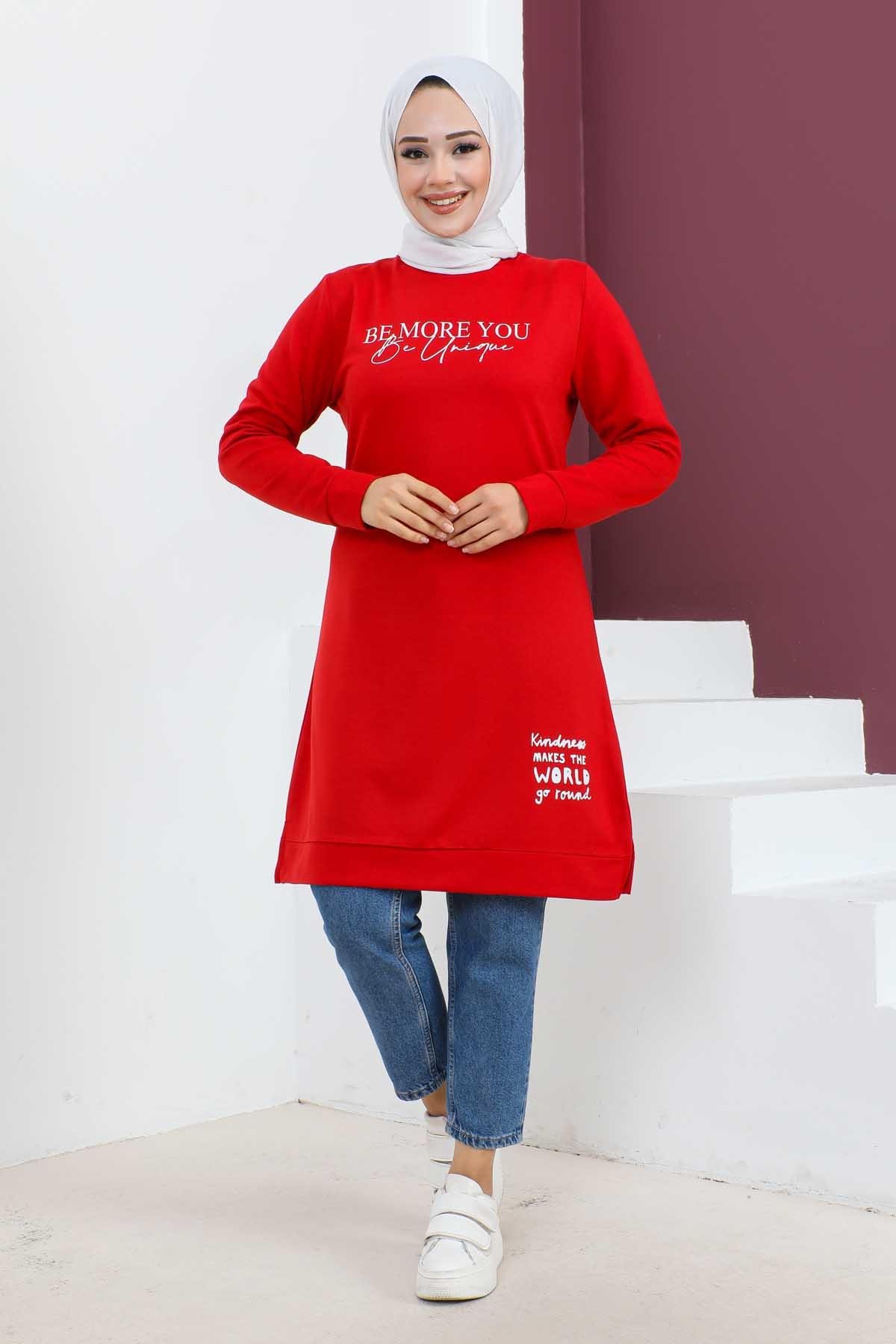 Baskılı Tesettür Tunik-Kırmızı