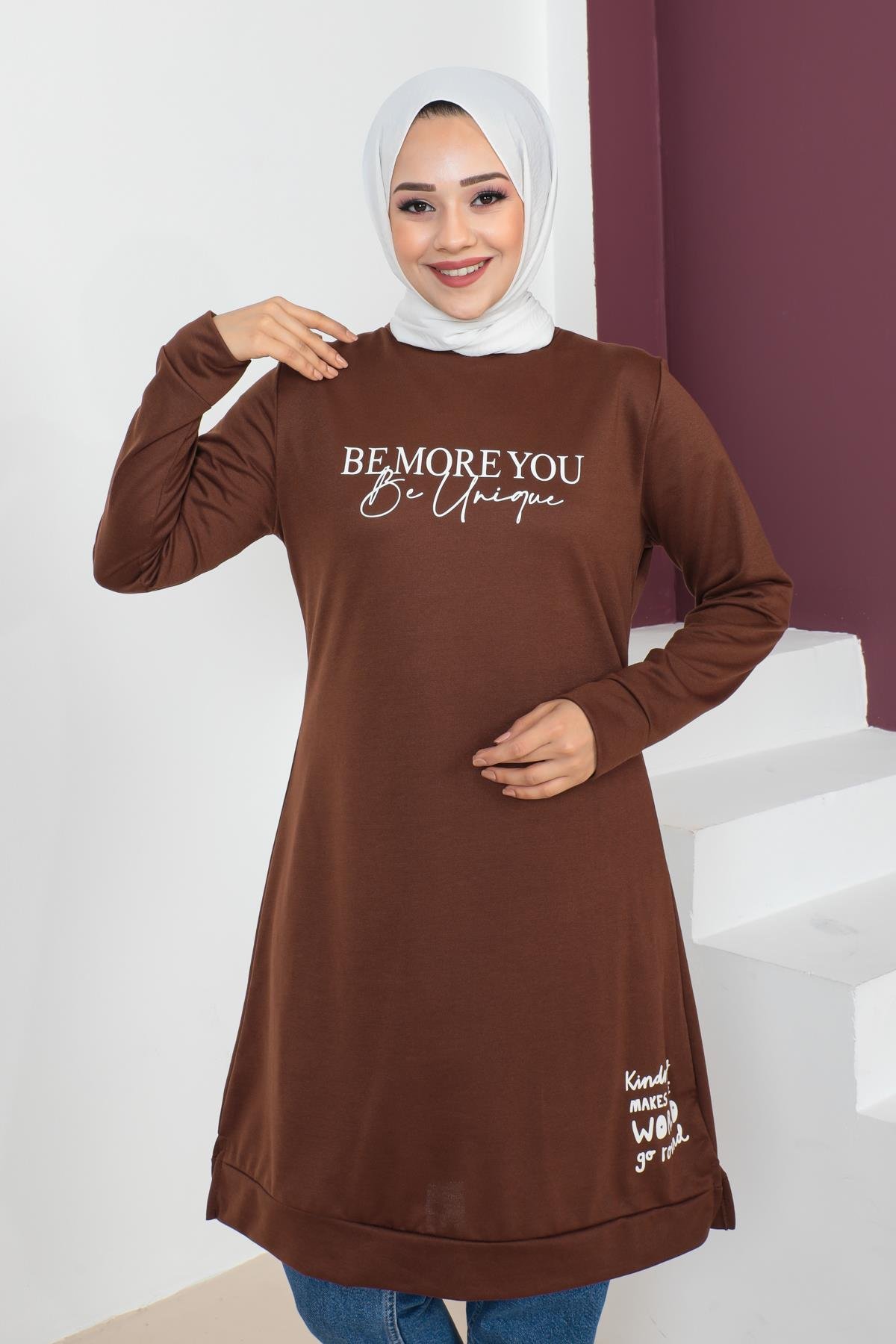 Affan Moda | Baskılı Kahverengi Tesettür Tunik i- Modern Tesettür Giyim
