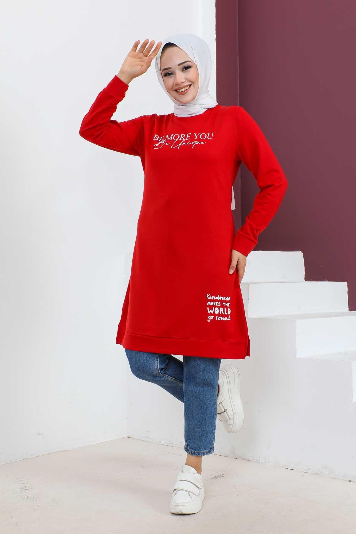 Baskılı Tesettür Tunik-Kırmızı