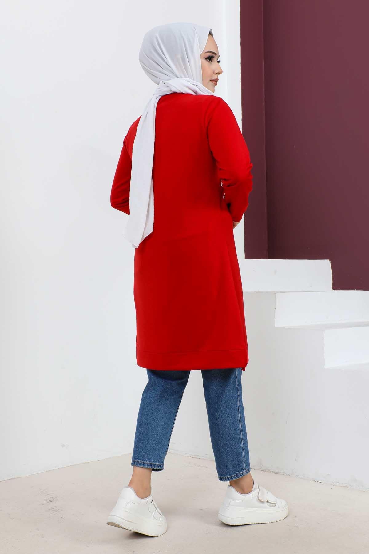 Baskılı Tesettür Tunik-Kırmızı