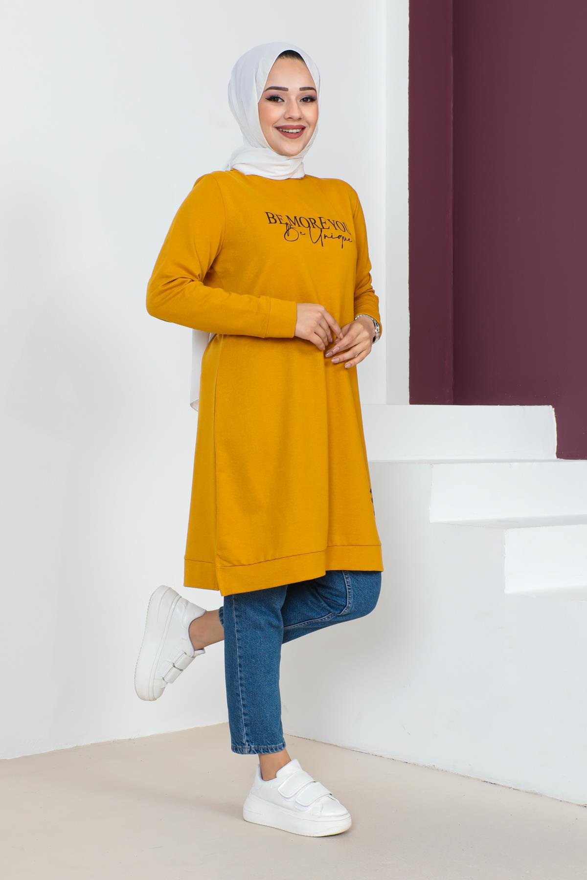 Affan Moda | Baskılı Tesettür Tunik - Safran - Modern Tesettür Giyim