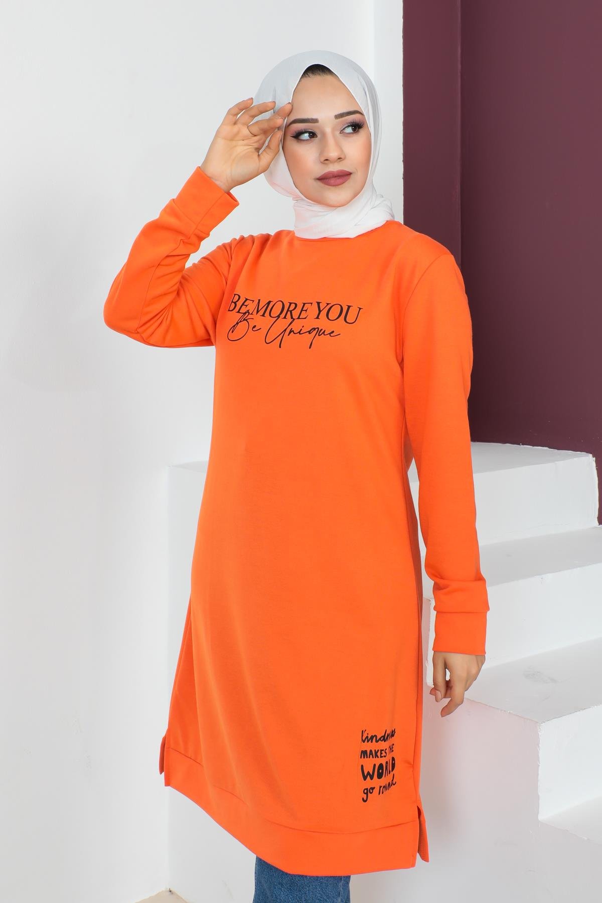 Affan Moda | Baskılı Tesettür Tunik Oranj - Modern Tesettür Giyim