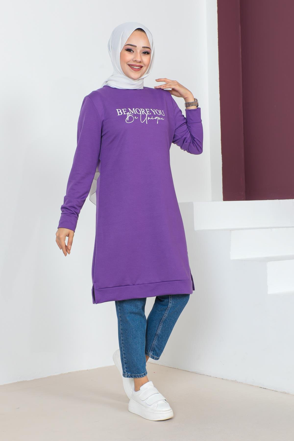 Affan Moda | Baskılı Mor Tesettür Tunik i- Modern Tesettür Giyim