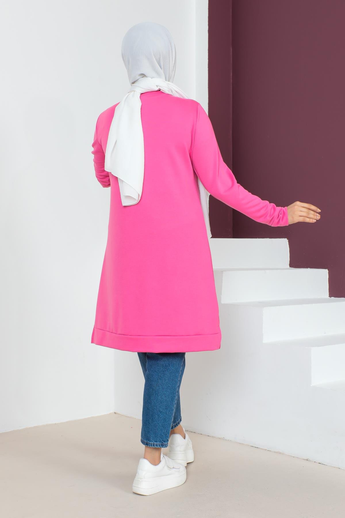 Affan Moda | Baskılı Tesettür Tunik Fuşya- Modern Tesettür Giyim