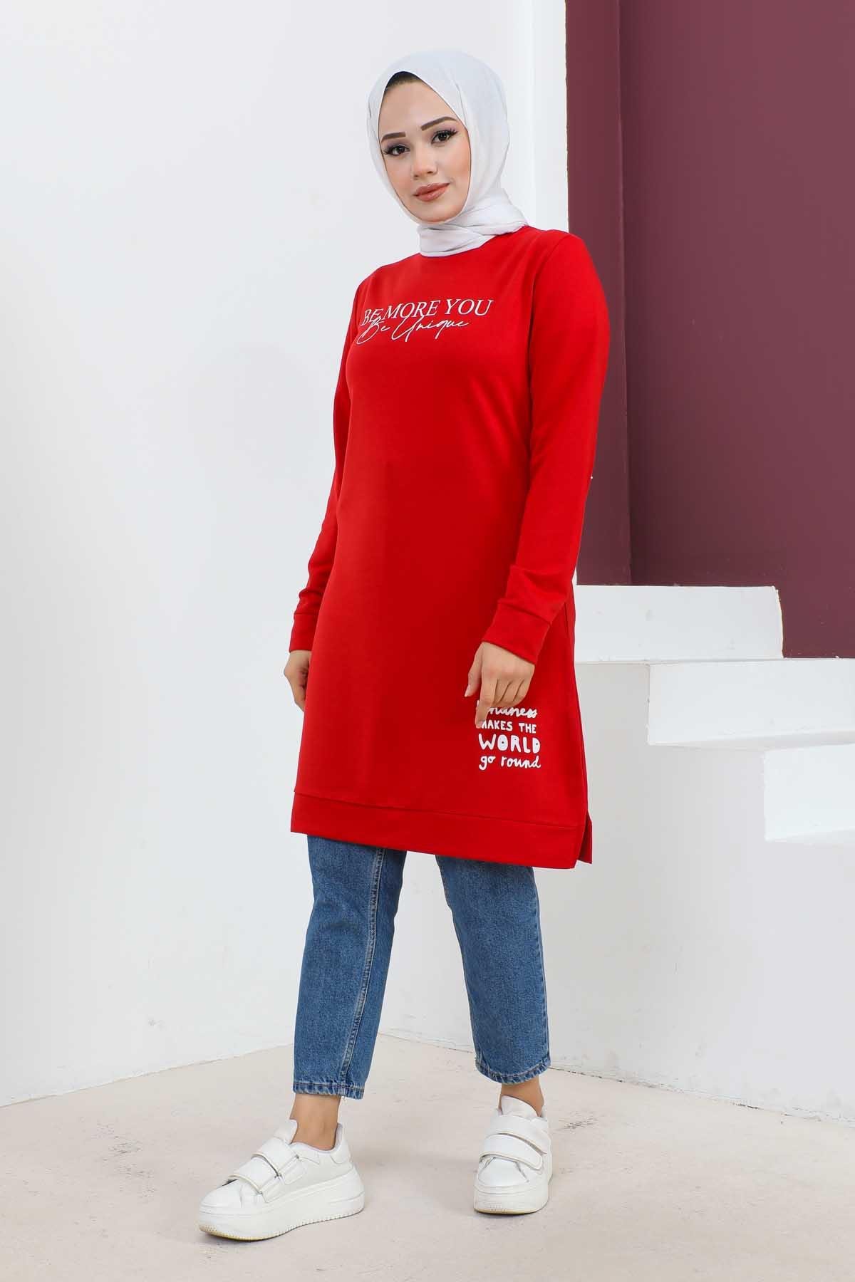 Baskılı Tesettür Tunik-Kırmızı