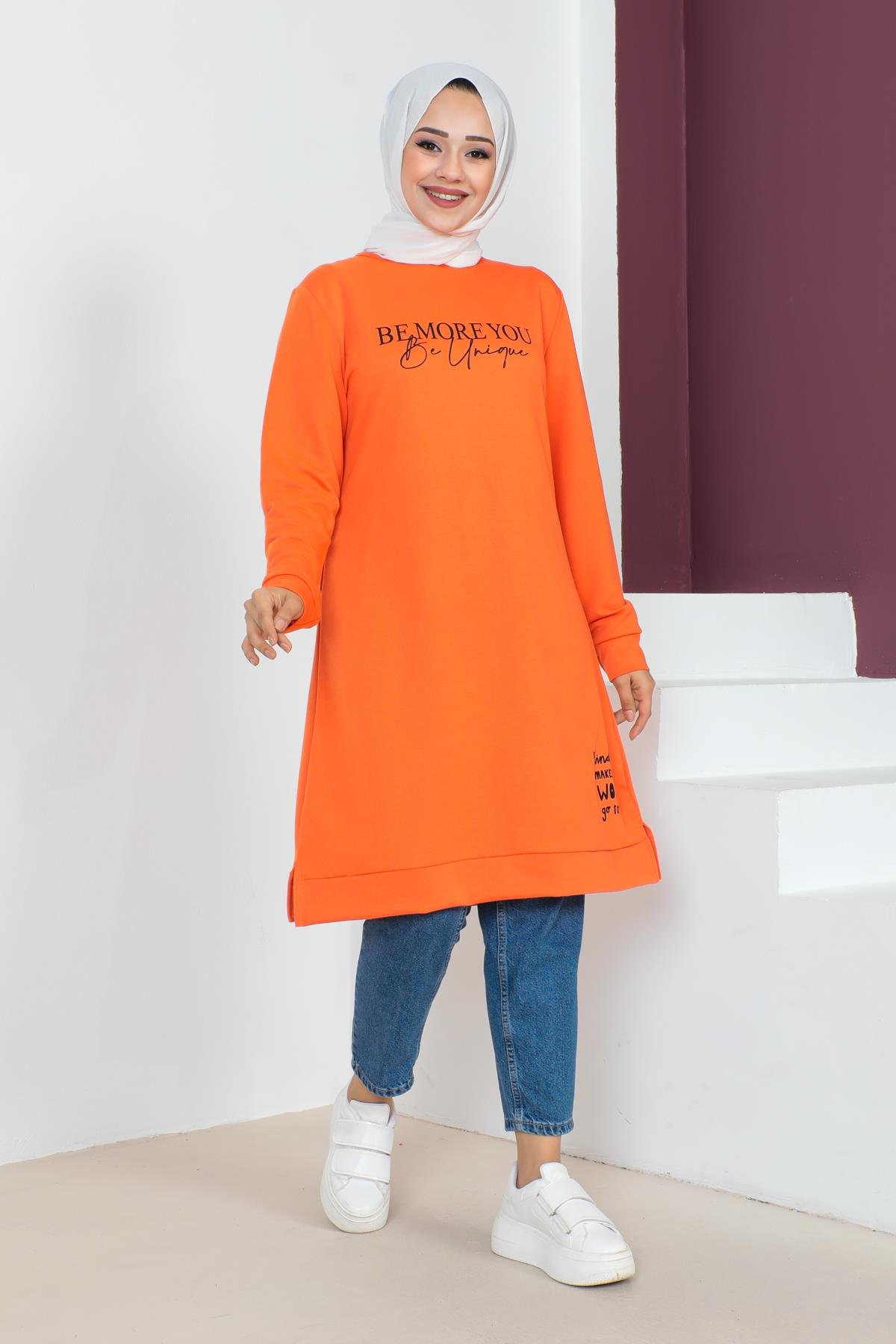 Affan Moda | Baskılı Tesettür Tunik Oranj - Modern Tesettür Giyim