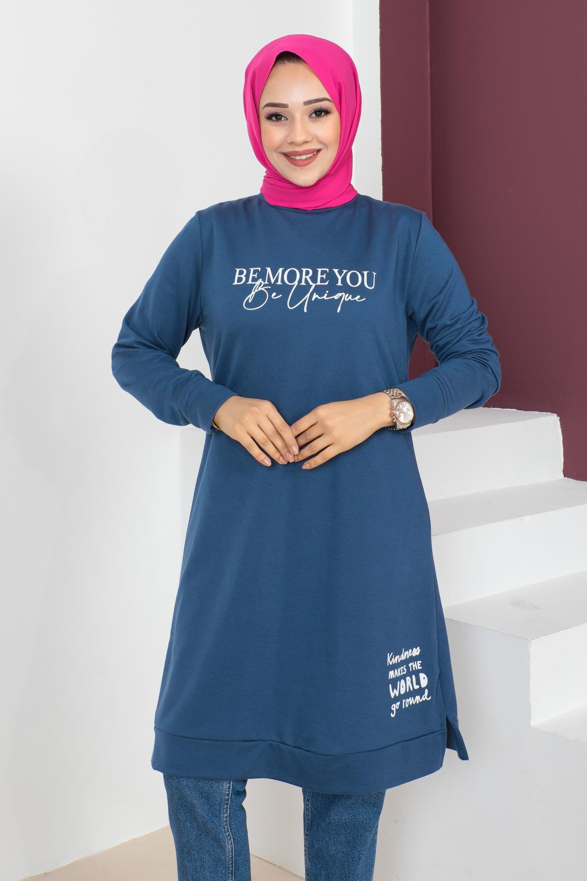 Affan Moda | Baskılı İndigo Tesettür Tunik i- Modern Tesettür Giyim