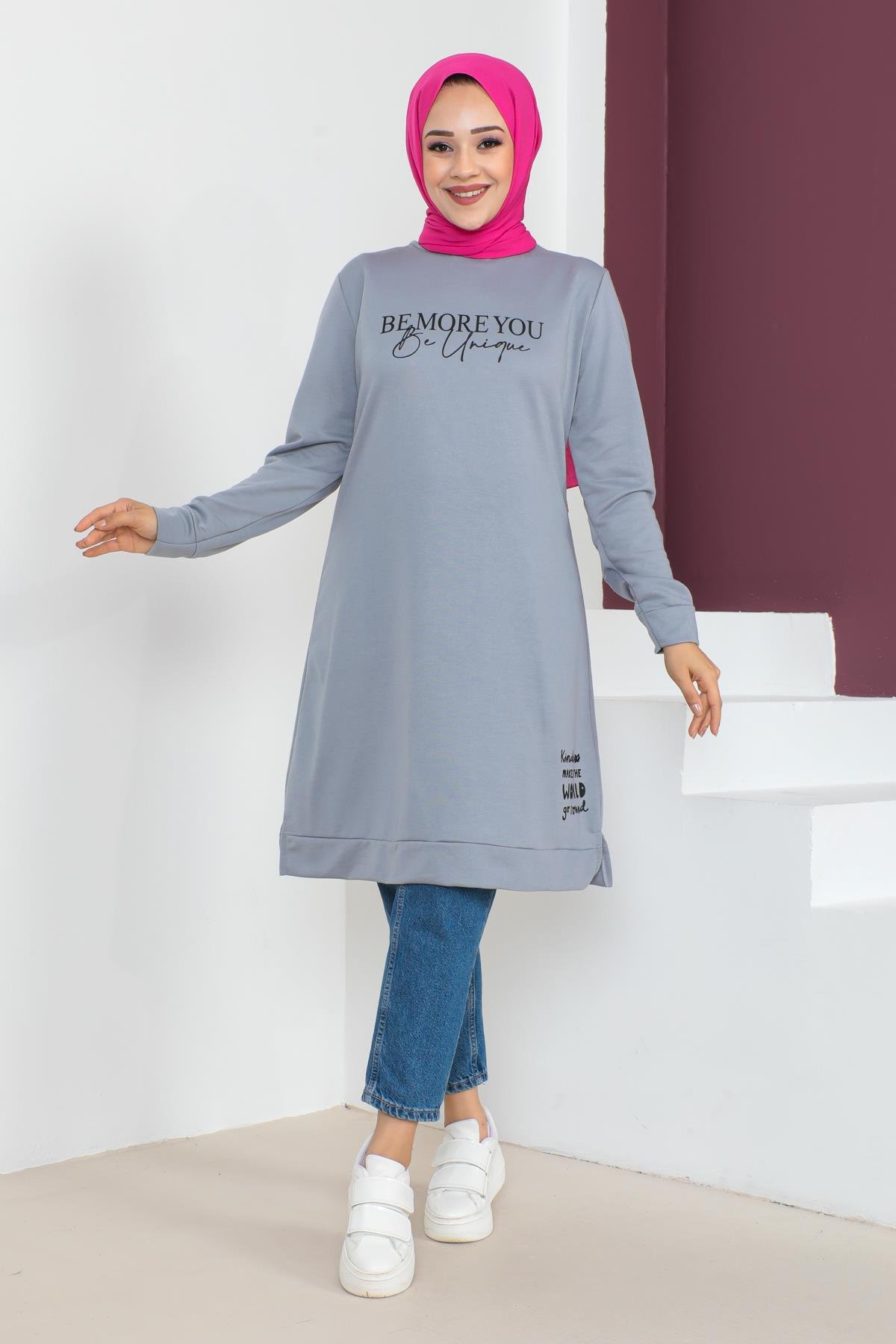 Affan Moda | Baskılı Tesettür Tunik Gri- Modern Tesettür Giyim