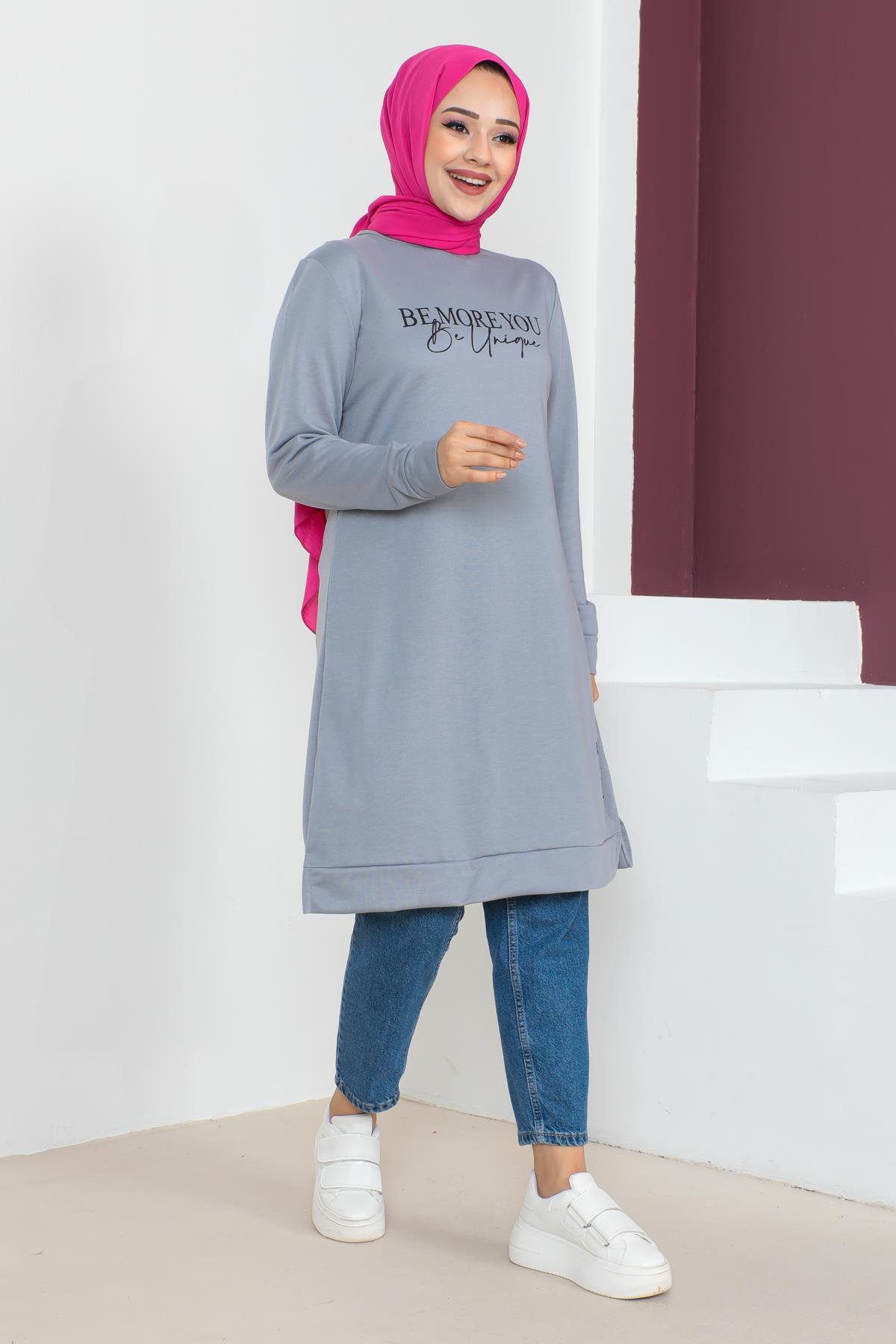 Affan Moda | Baskılı Tesettür Tunik Gri- Modern Tesettür Giyim