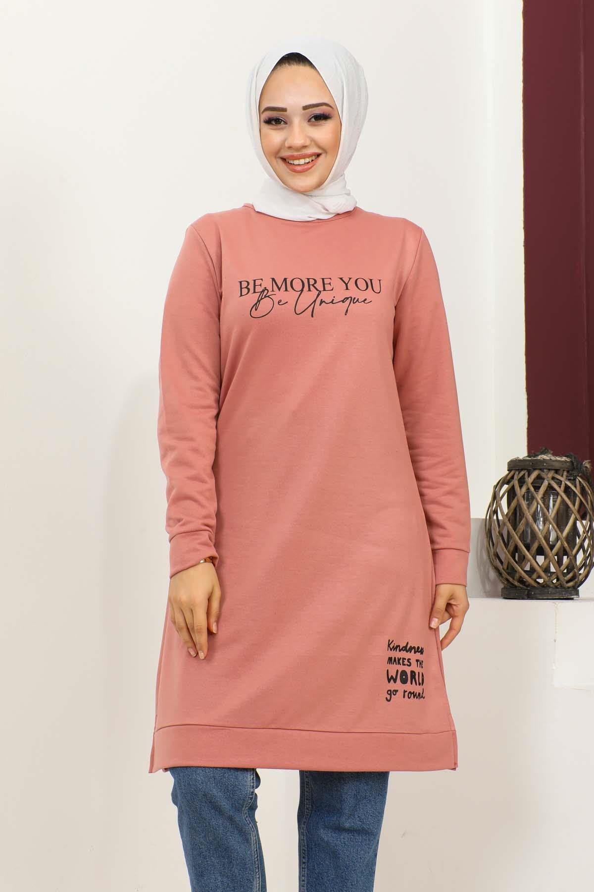 Baskılı Tesettür Tunik Gülkurusu
