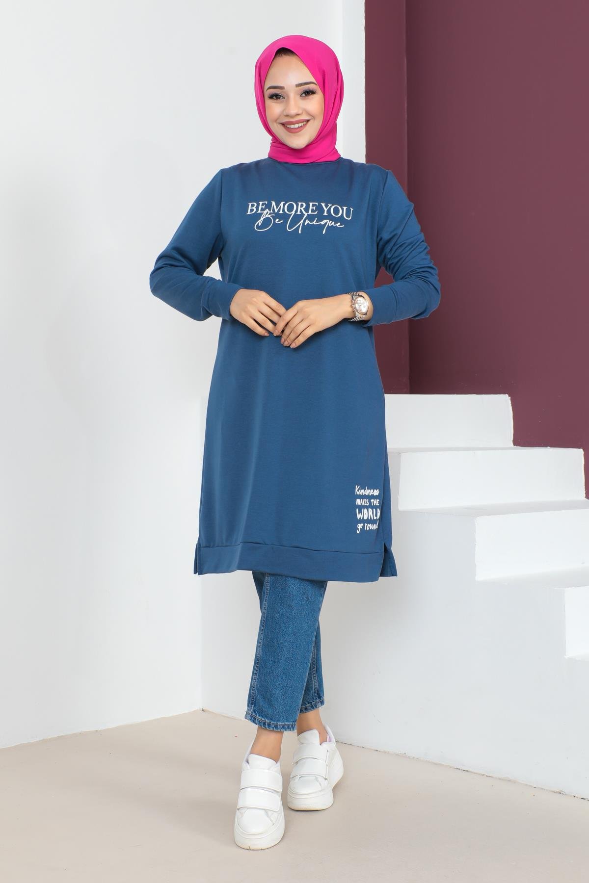 Affan Moda | Baskılı İndigo Tesettür Tunik i- Modern Tesettür Giyim