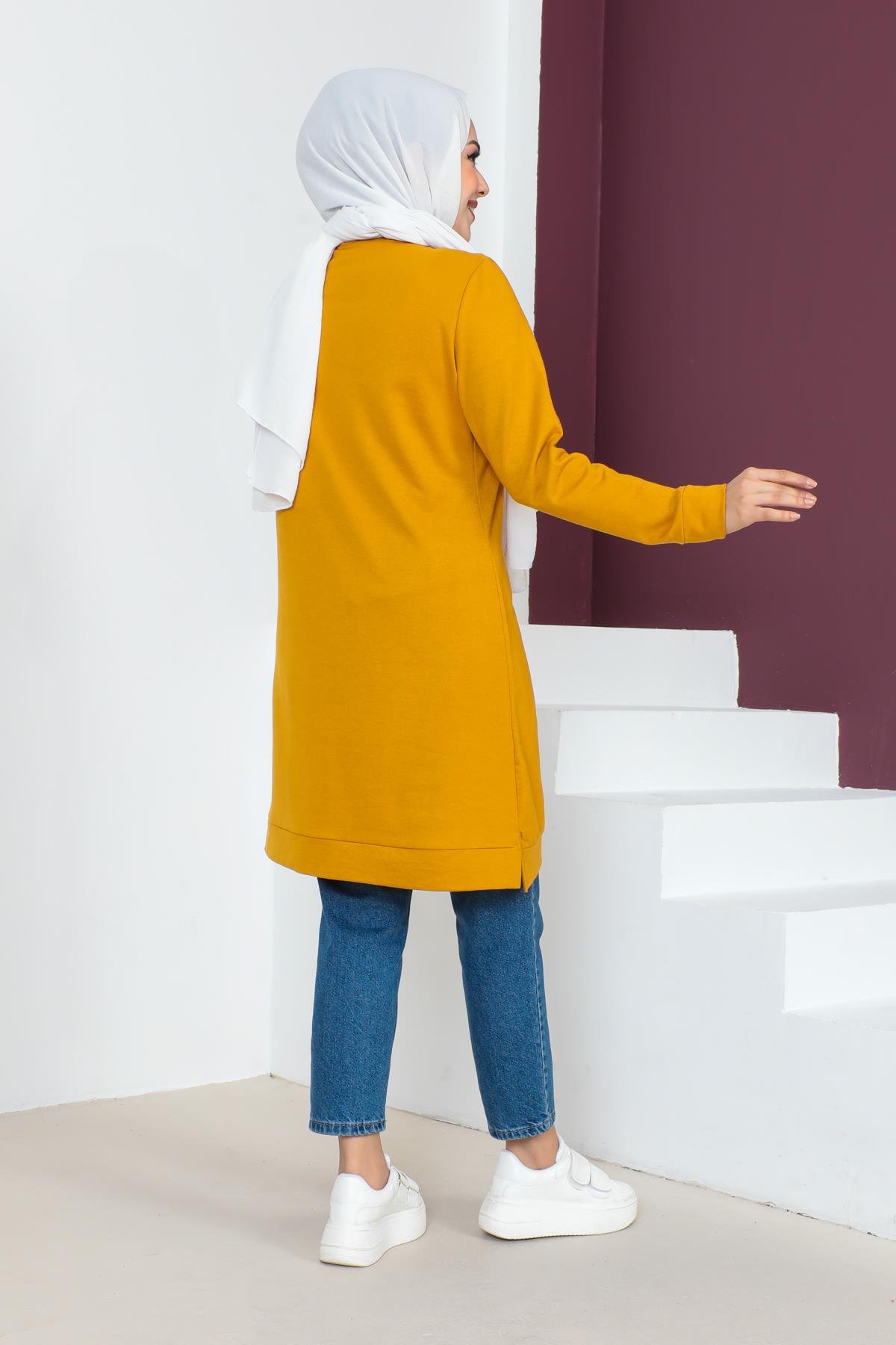 Affan Moda | Baskılı Tesettür Tunik - Safran - Modern Tesettür Giyim