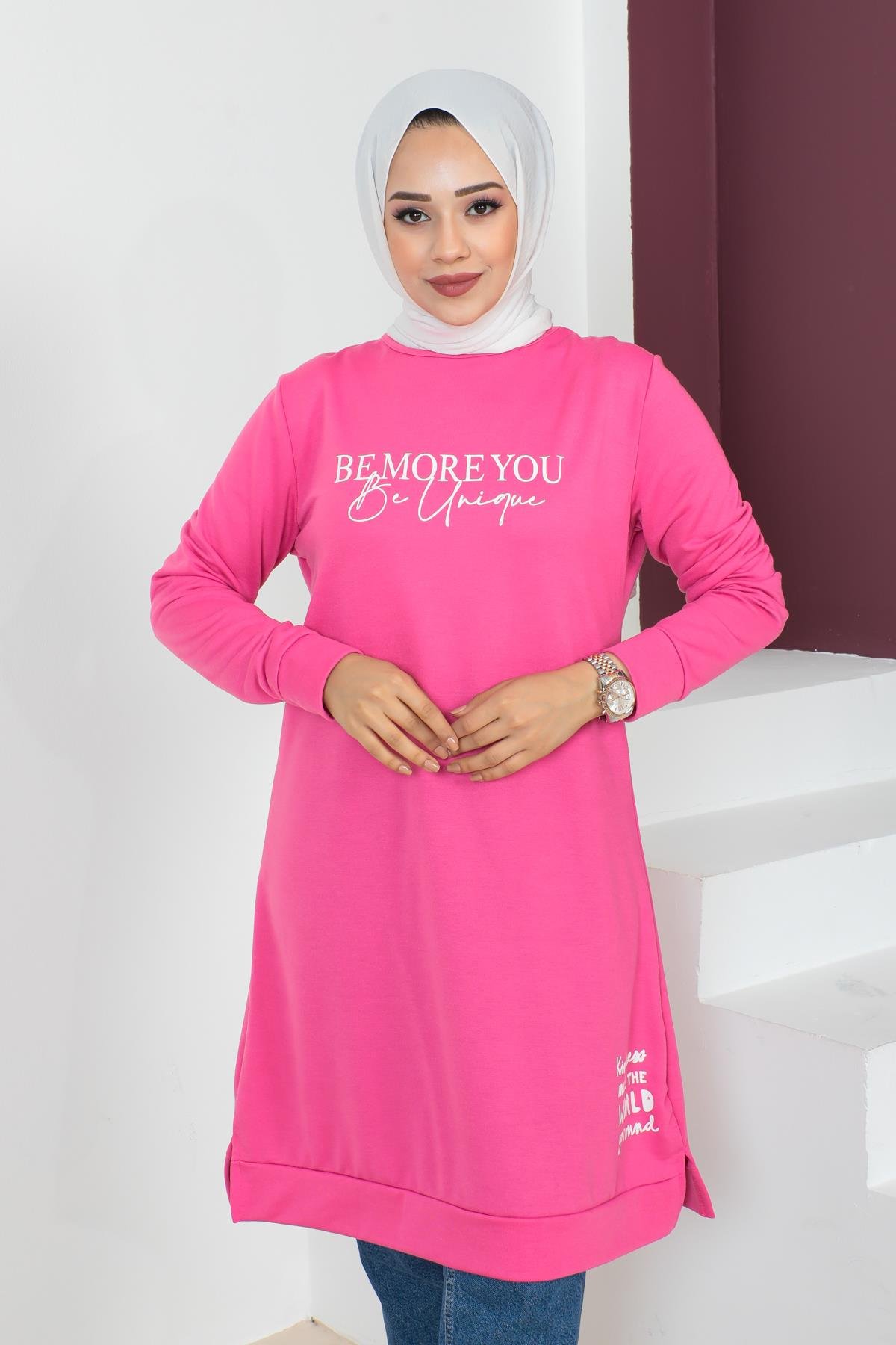 Affan Moda | Baskılı Tesettür Tunik Fuşya- Modern Tesettür Giyim