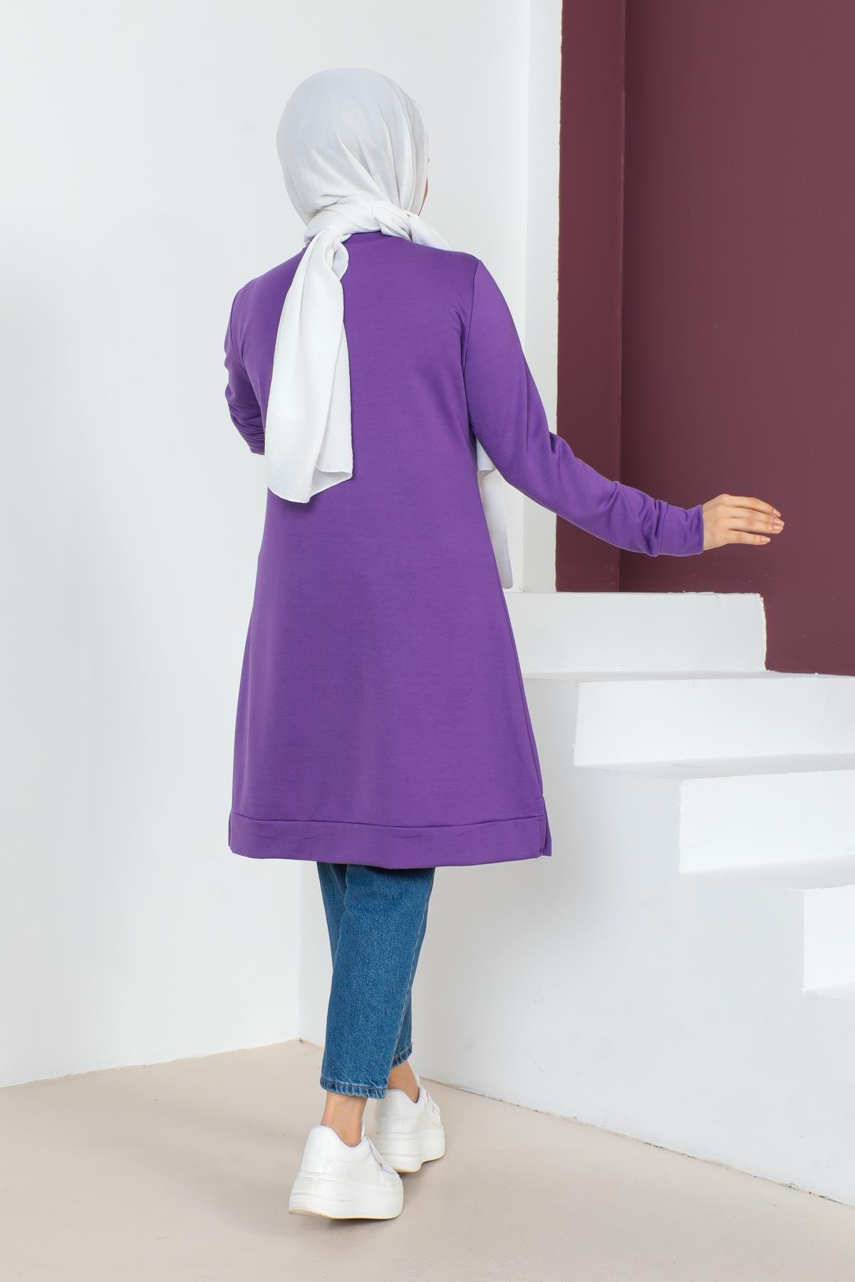 Affan Moda | Baskılı Mor Tesettür Tunik i- Modern Tesettür Giyim