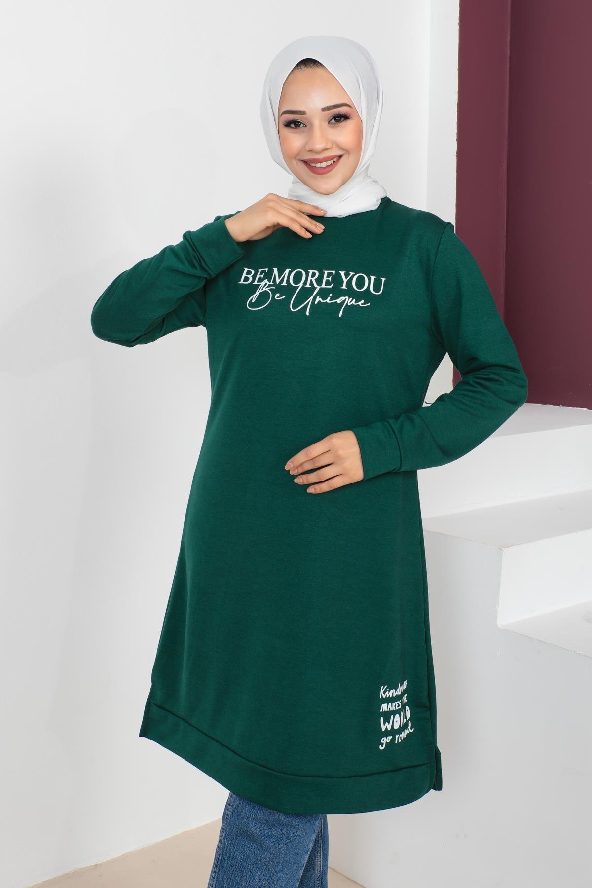 Affan Moda | Baskılı Zümrüt Tesettür Tunik i- Modern Tesettür Giyim