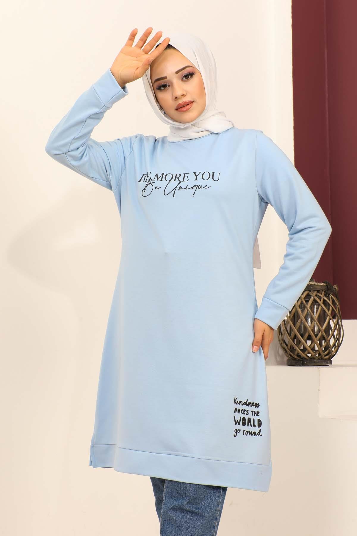 Baskılı Tesettür Tunik Mavi