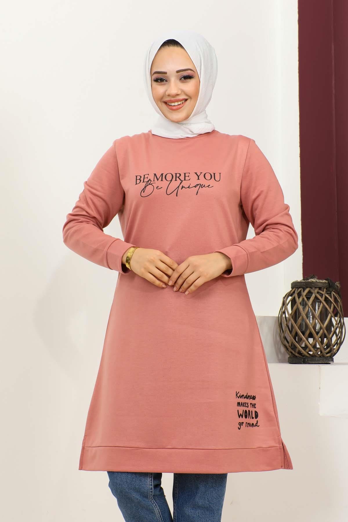 Baskılı Tesettür Tunik Gülkurusu