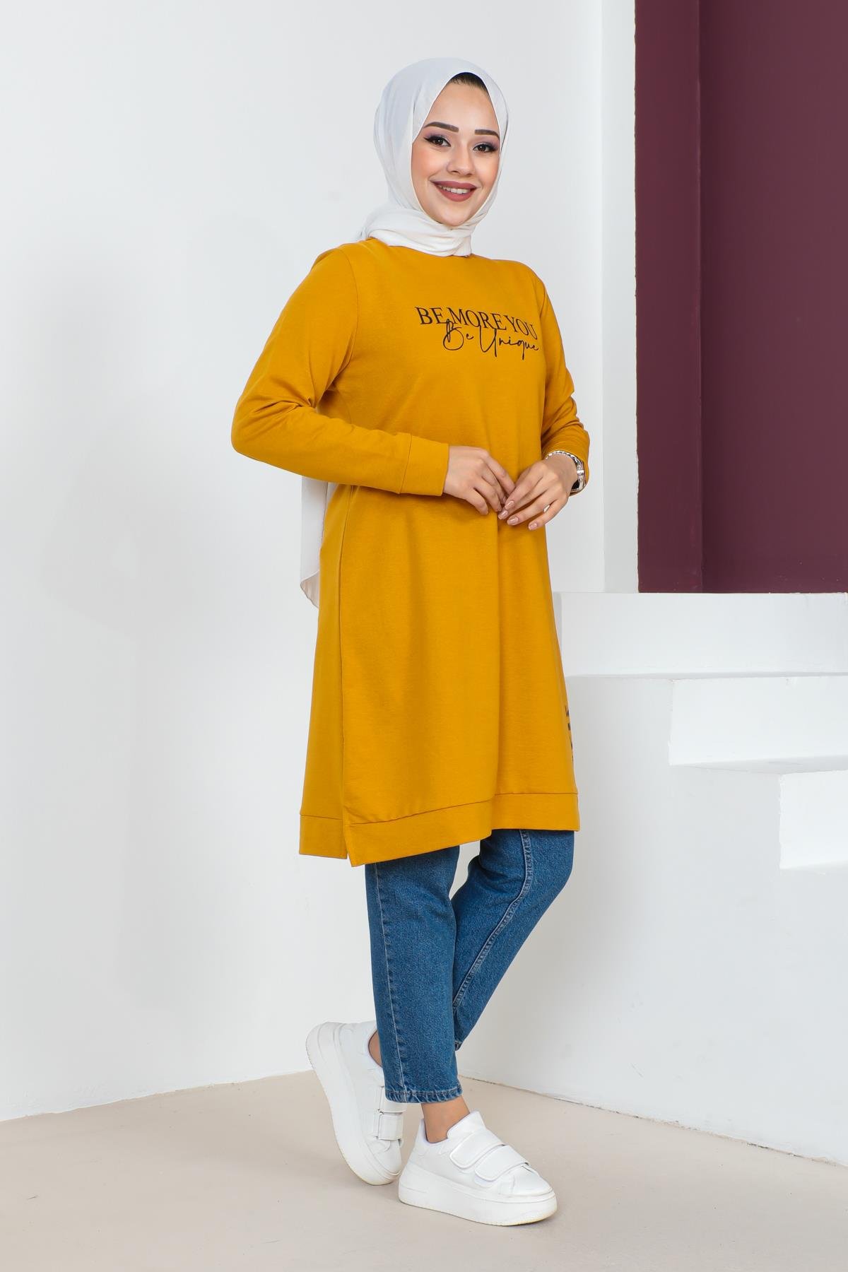 Affan Moda | Baskılı Tesettür Tunik - Safran - Modern Tesettür Giyim