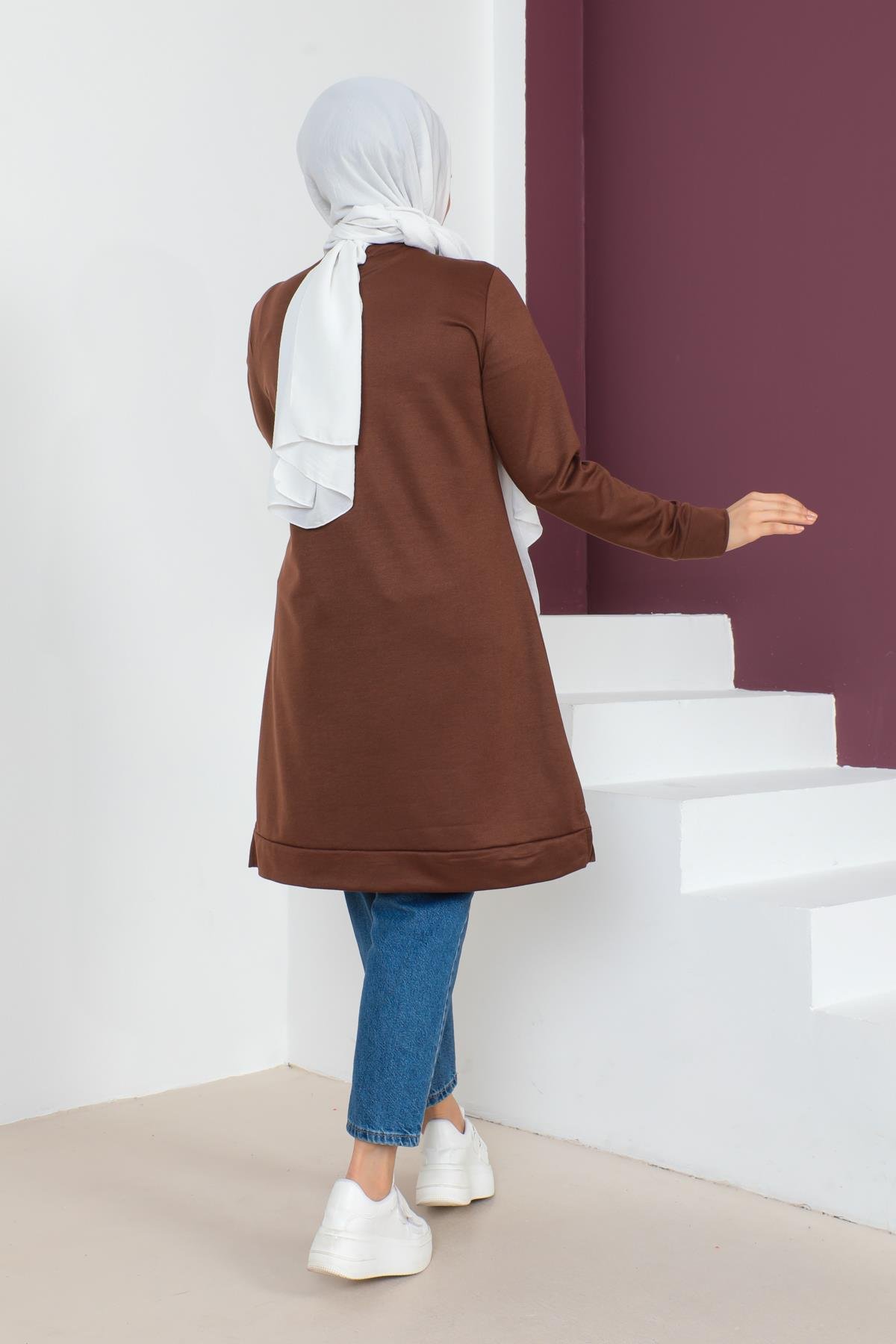 Affan Moda | Baskılı Kahverengi Tesettür Tunik i- Modern Tesettür Giyim