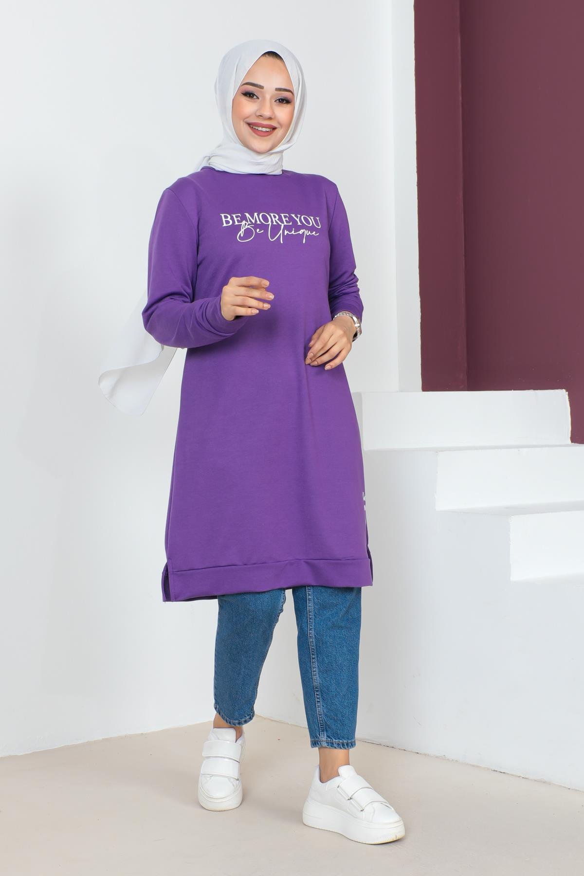 Affan Moda | Baskılı Mor Tesettür Tunik i- Modern Tesettür Giyim