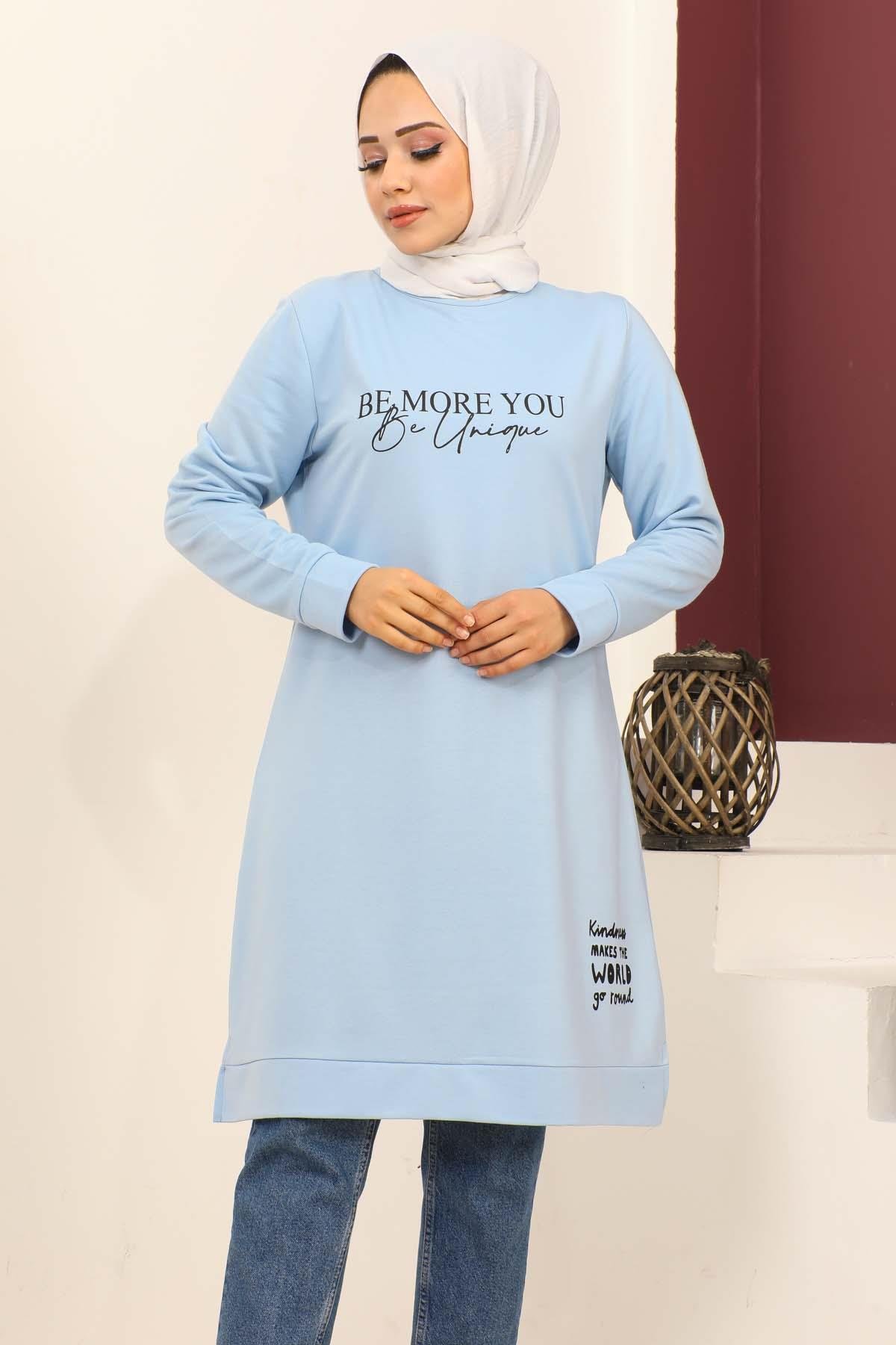 Baskılı Tesettür Tunik Mavi