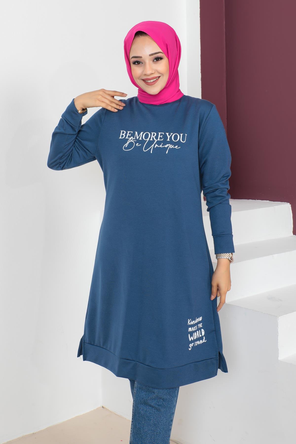 Affan Moda | Baskılı İndigo Tesettür Tunik i- Modern Tesettür Giyim