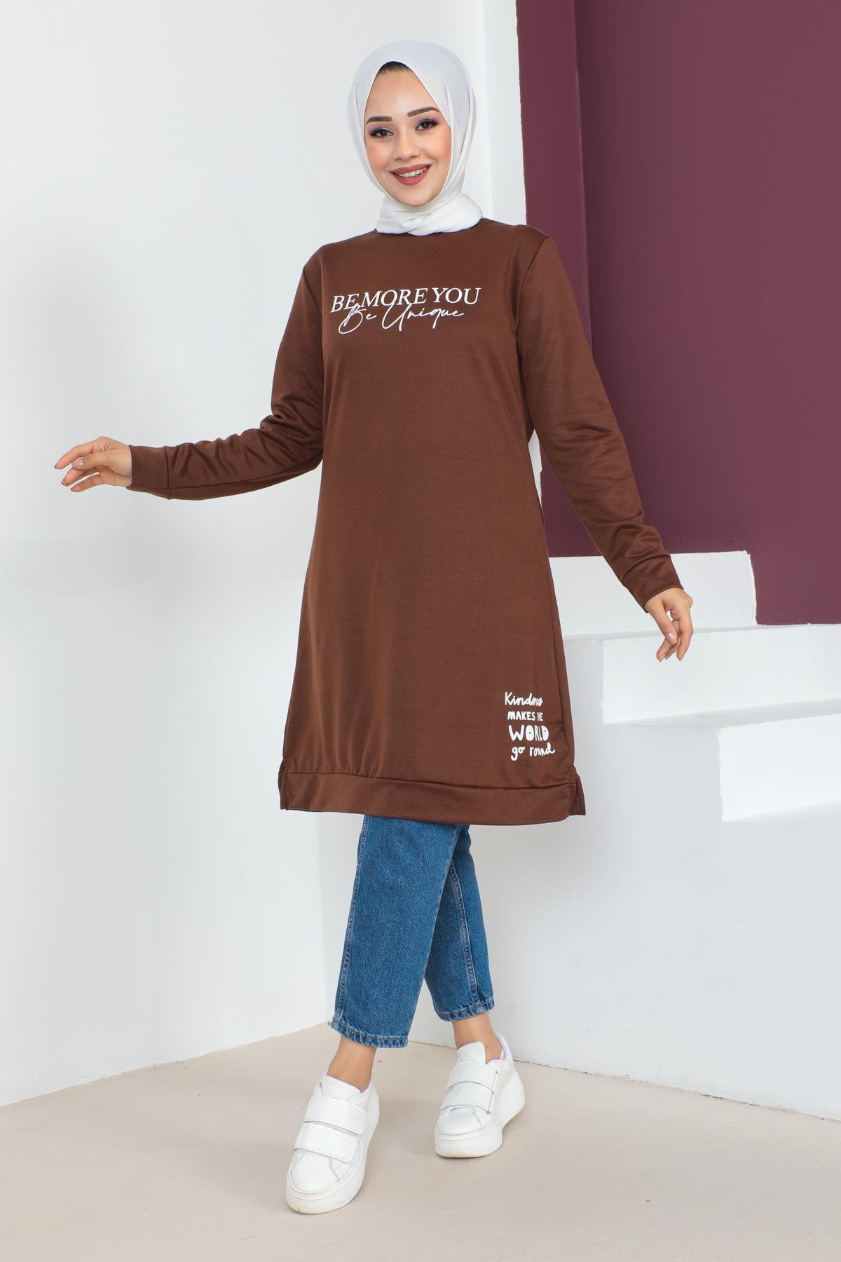 Affan Moda | Baskılı Kahverengi Tesettür Tunik i- Modern Tesettür Giyim