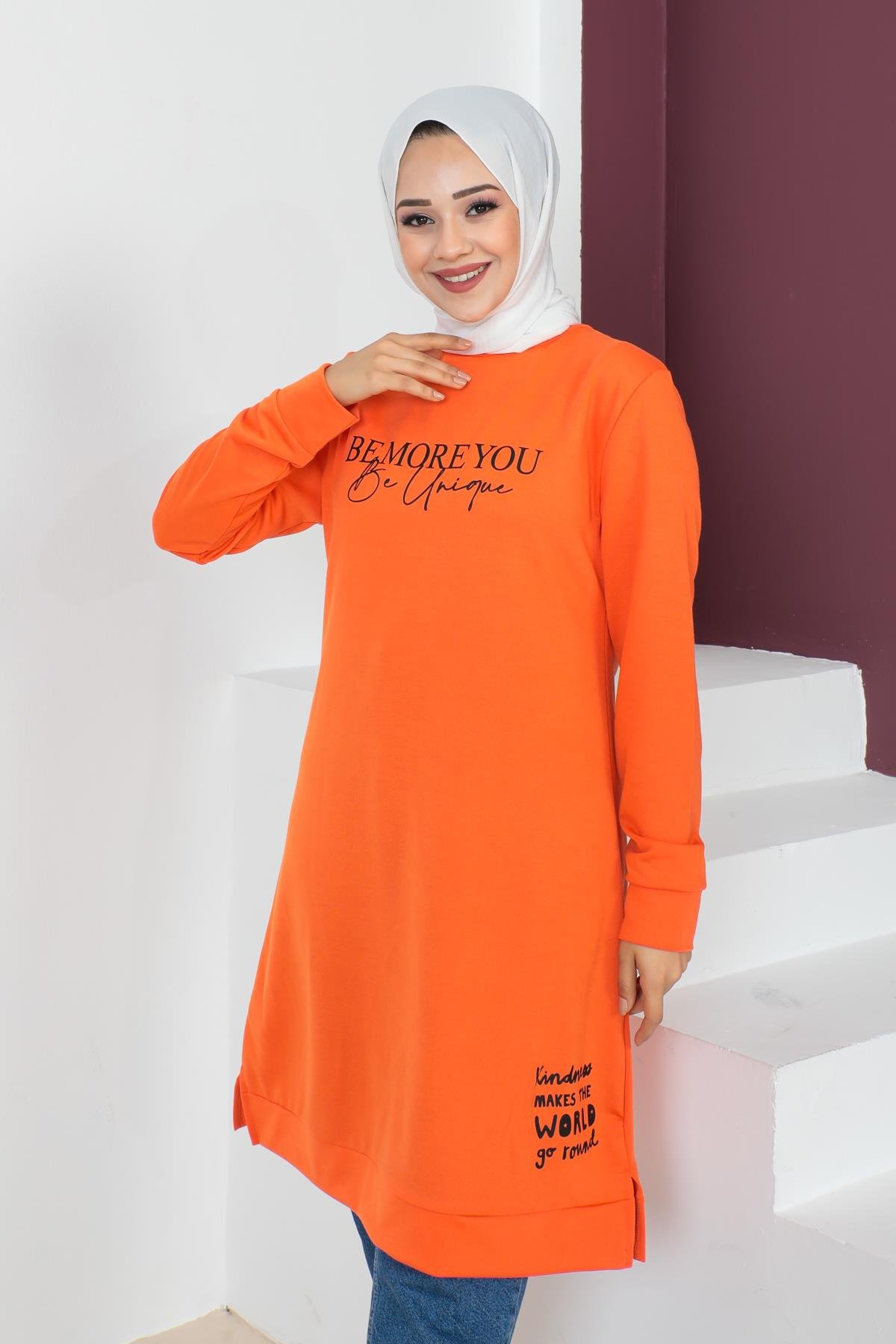 Affan Moda | Baskılı Tesettür Tunik Oranj - Modern Tesettür Giyim