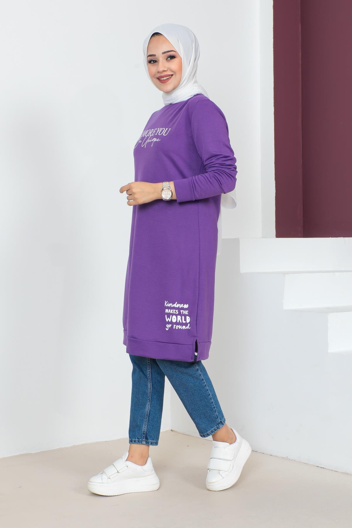 Affan Moda | Baskılı Mor Tesettür Tunik i- Modern Tesettür Giyim