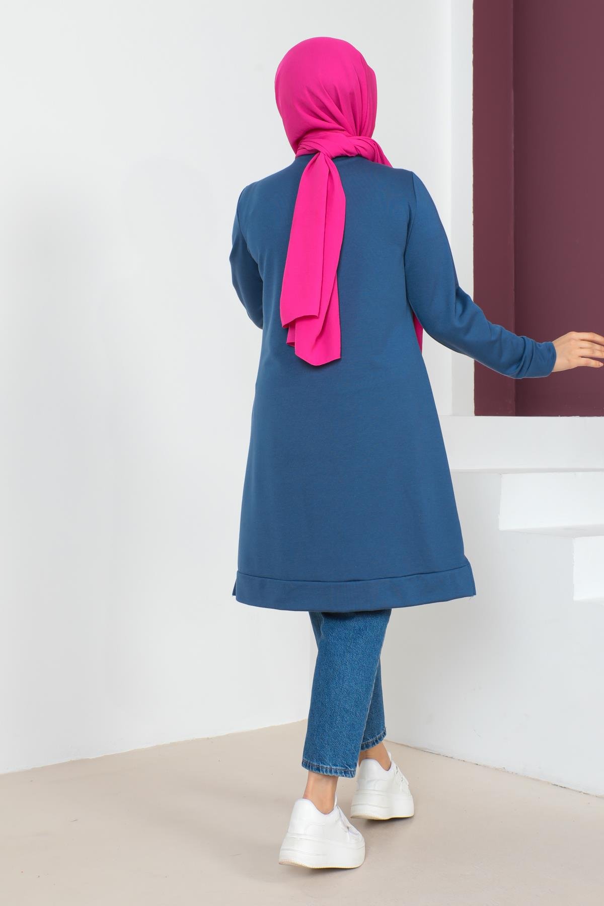 Affan Moda | Baskılı İndigo Tesettür Tunik i- Modern Tesettür Giyim