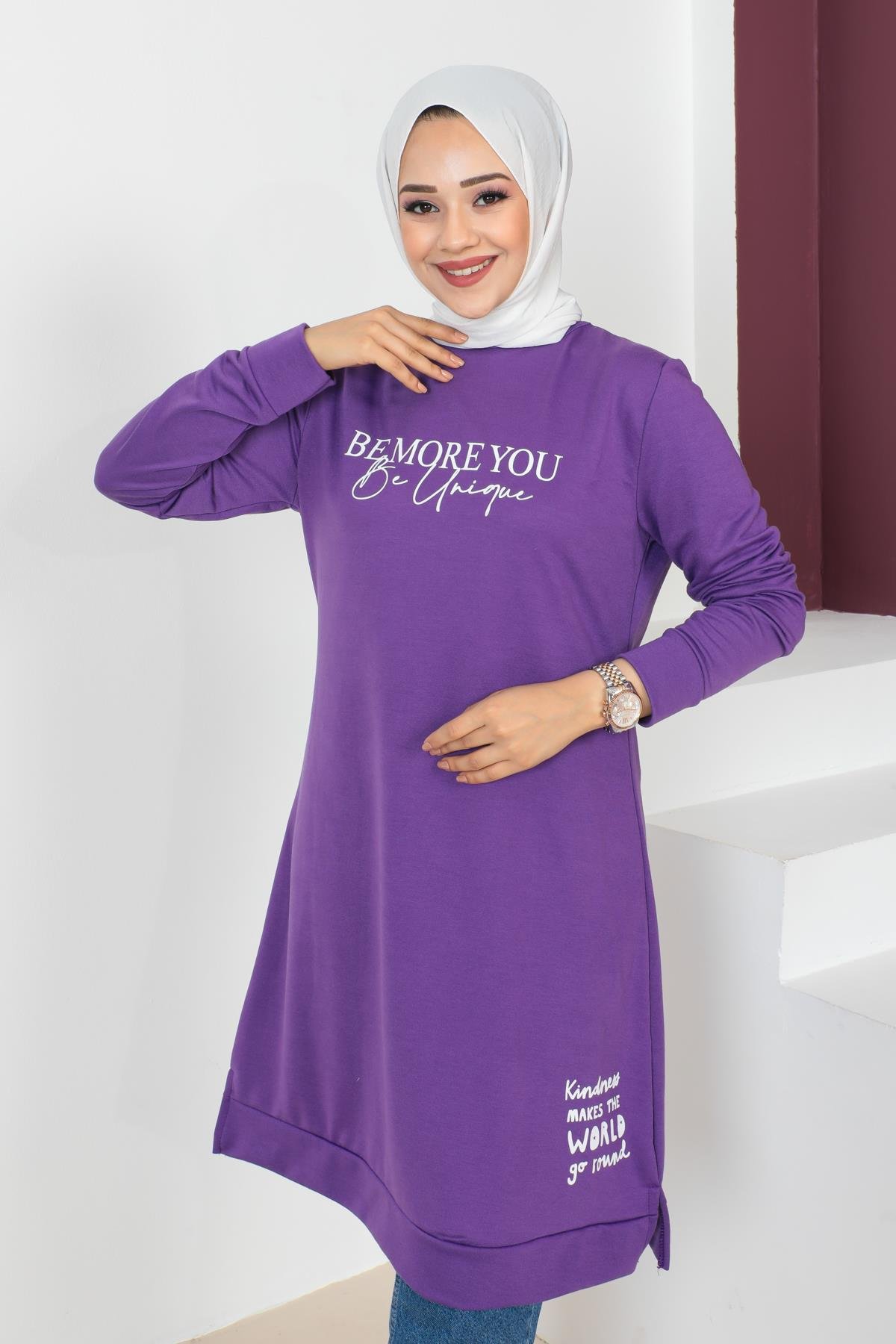 Affan Moda | Baskılı Mor Tesettür Tunik i- Modern Tesettür Giyim