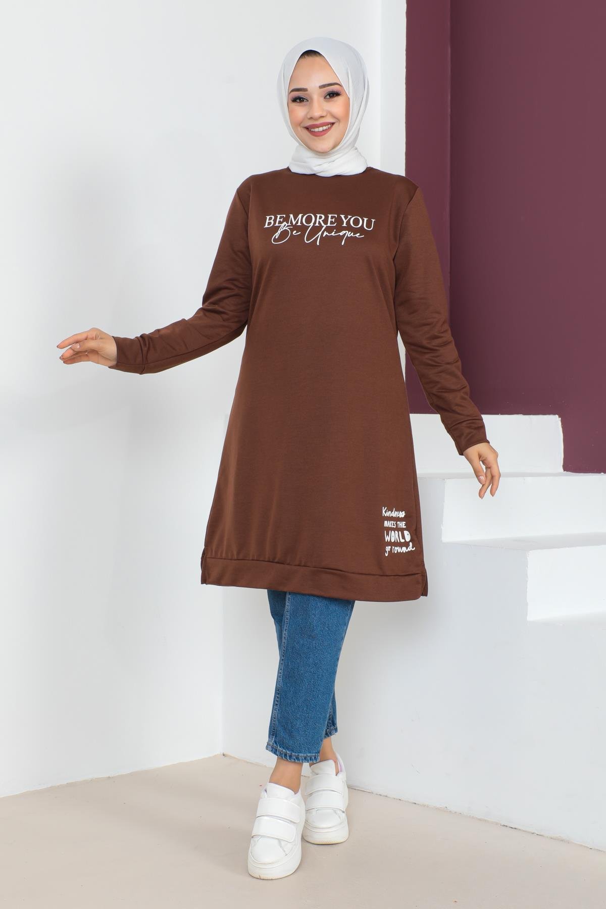 Affan Moda | Baskılı Kahverengi Tesettür Tunik i- Modern Tesettür Giyim