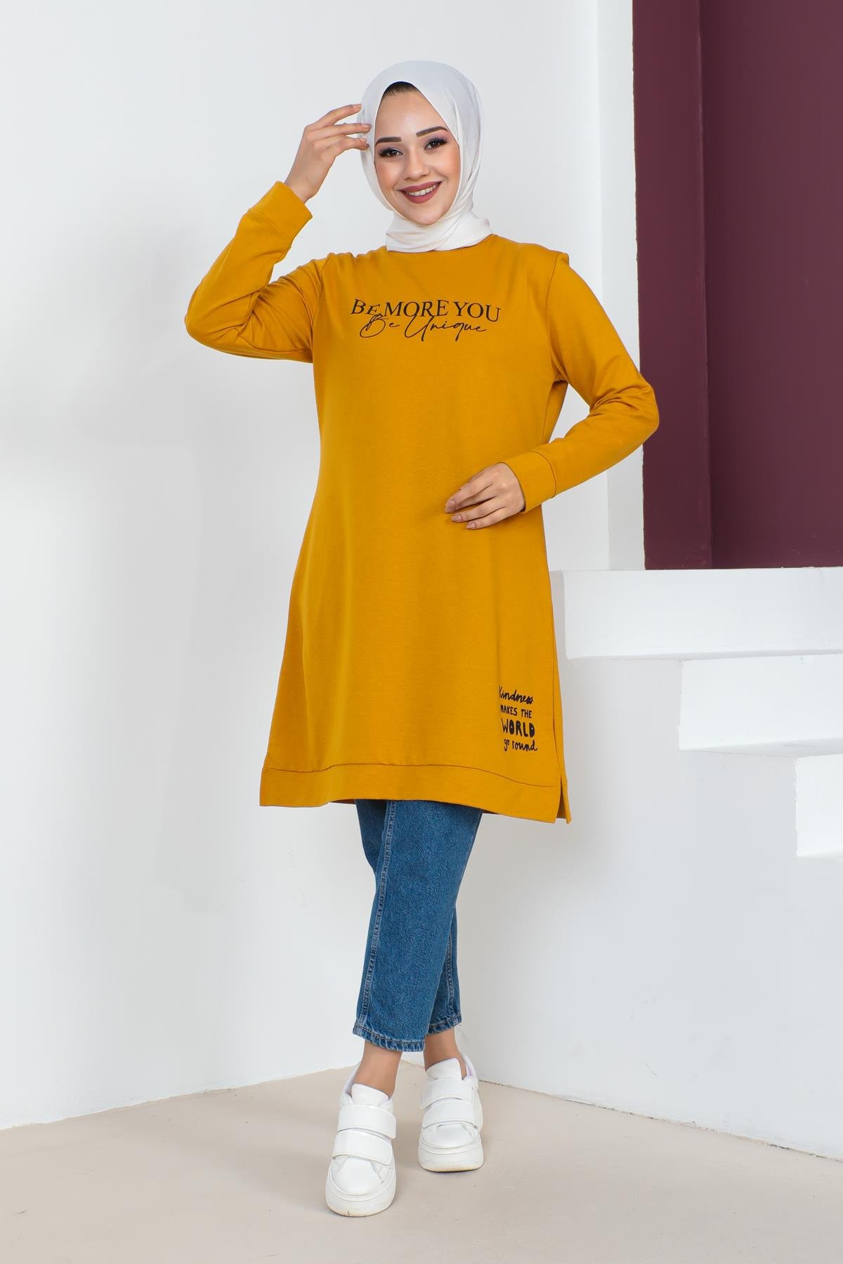 Affan Moda | Baskılı Tesettür Tunik - Safran - Modern Tesettür Giyim