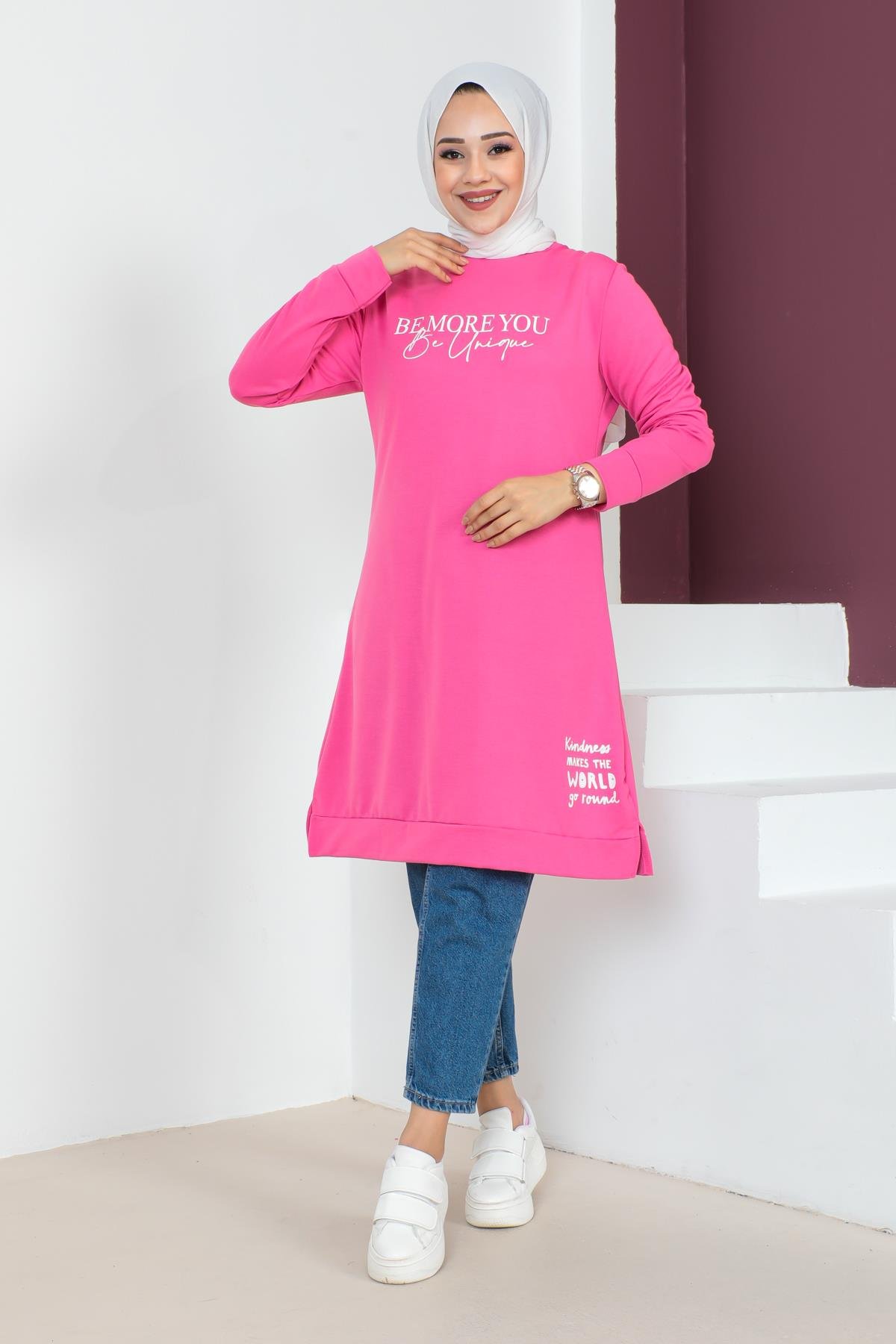 Affan Moda | Baskılı Tesettür Tunik Fuşya- Modern Tesettür Giyim