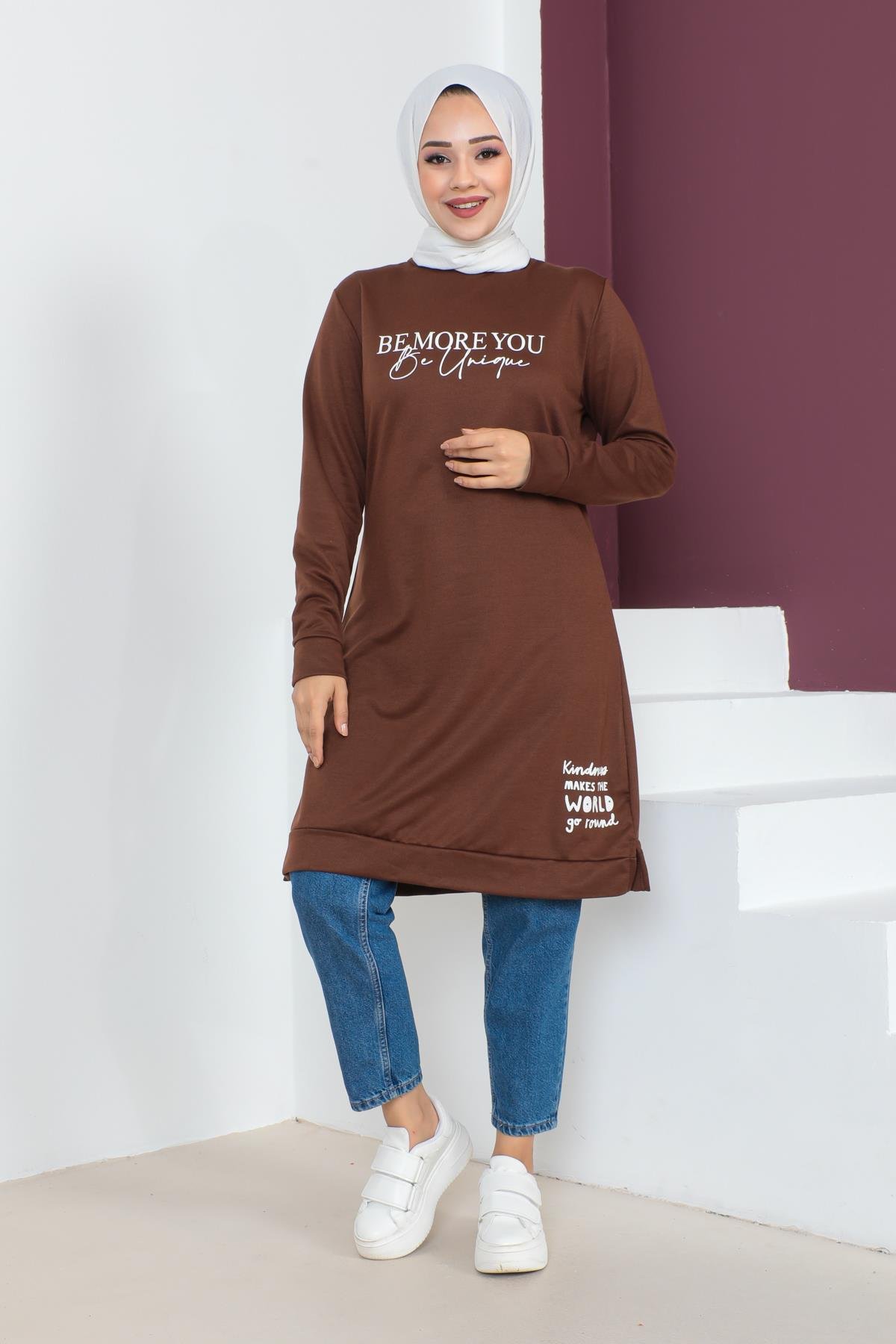 Affan Moda | Baskılı Kahverengi Tesettür Tunik i- Modern Tesettür Giyim