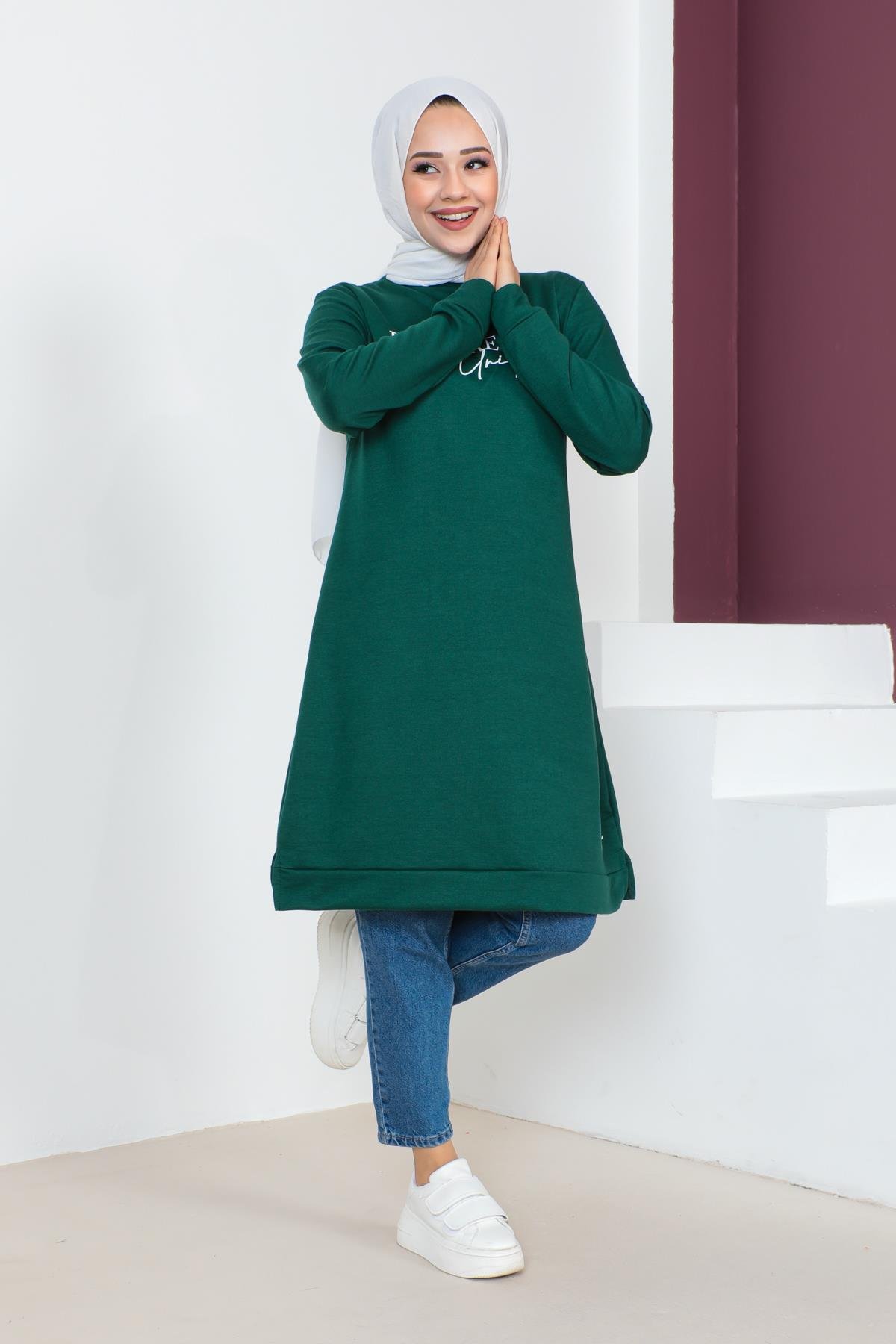 Affan Moda | Baskılı Zümrüt Tesettür Tunik i- Modern Tesettür Giyim