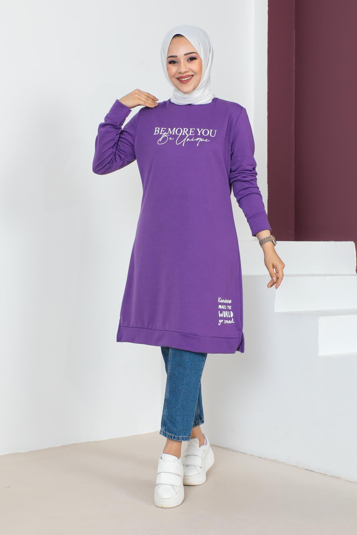 Affan Moda | Baskılı Mor Tesettür Tunik i- Modern Tesettür Giyim