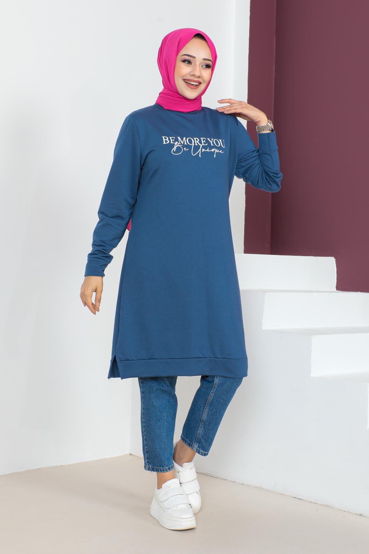 Affan Moda | Baskılı İndigo Tesettür Tunik i- Modern Tesettür Giyim