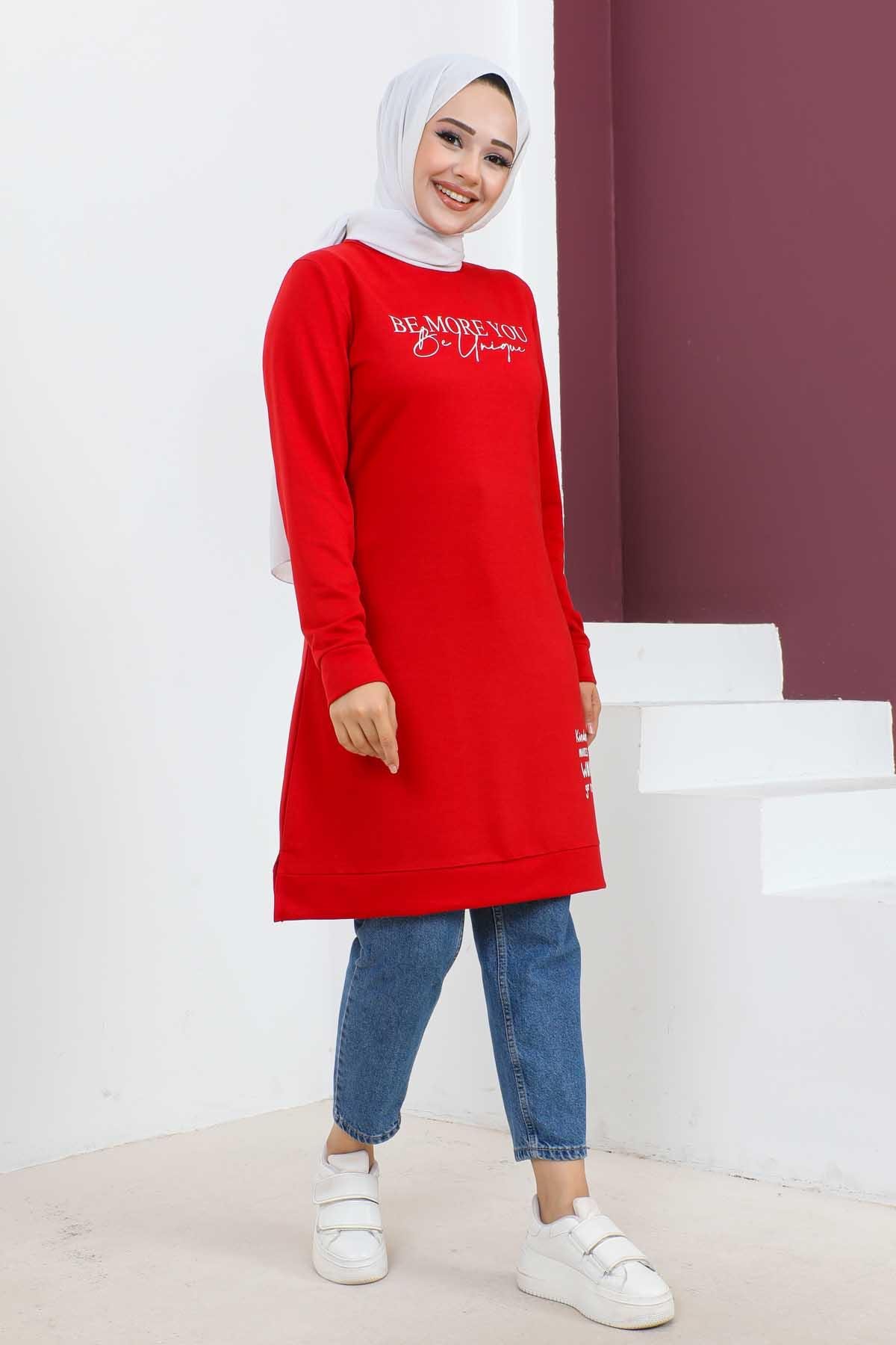 Baskılı Tesettür Tunik-Kırmızı