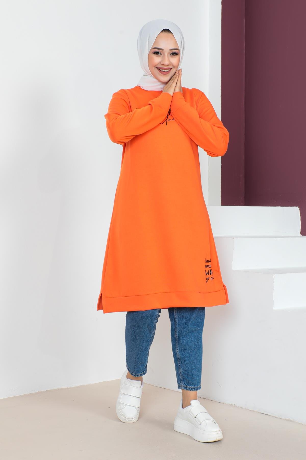 Affan Moda | Baskılı Tesettür Tunik Oranj - Modern Tesettür Giyim