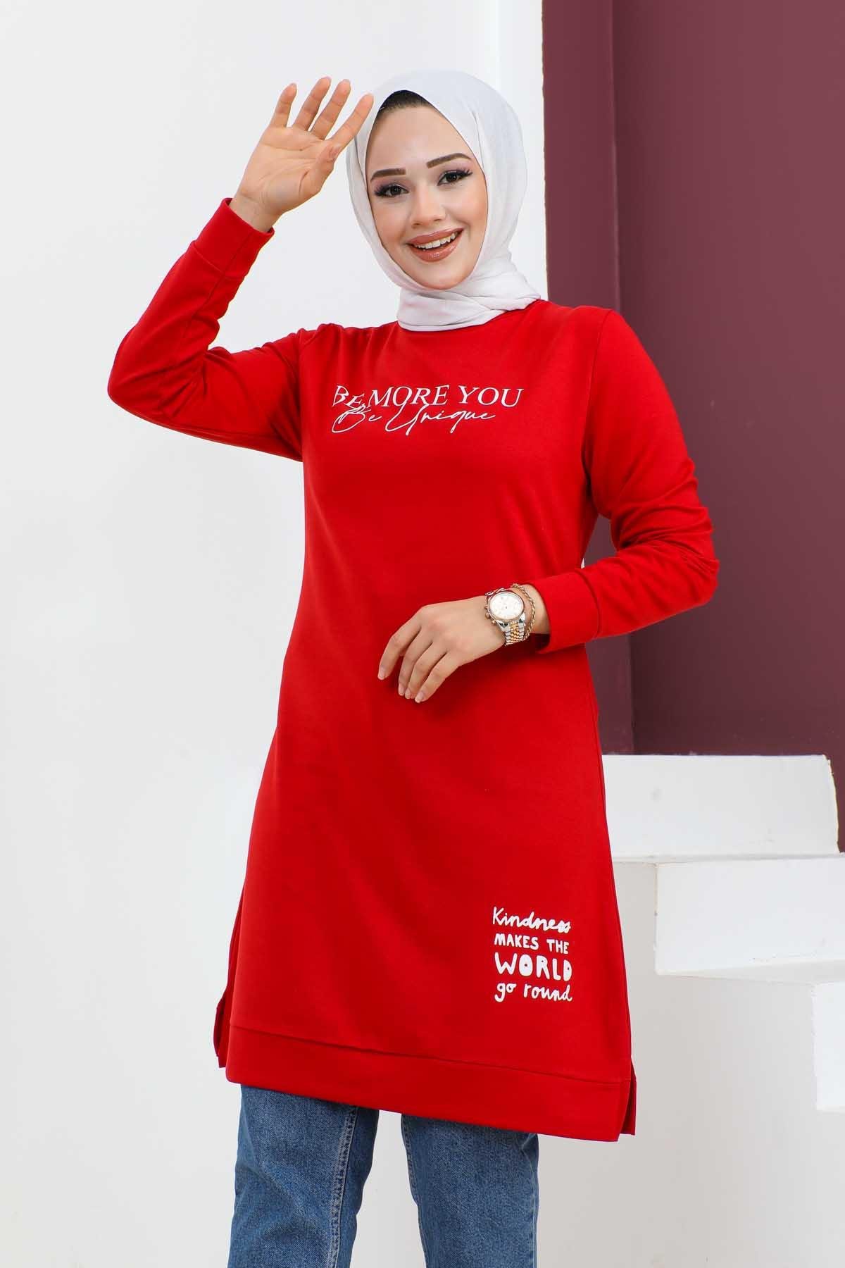 Baskılı Tesettür Tunik-Kırmızı