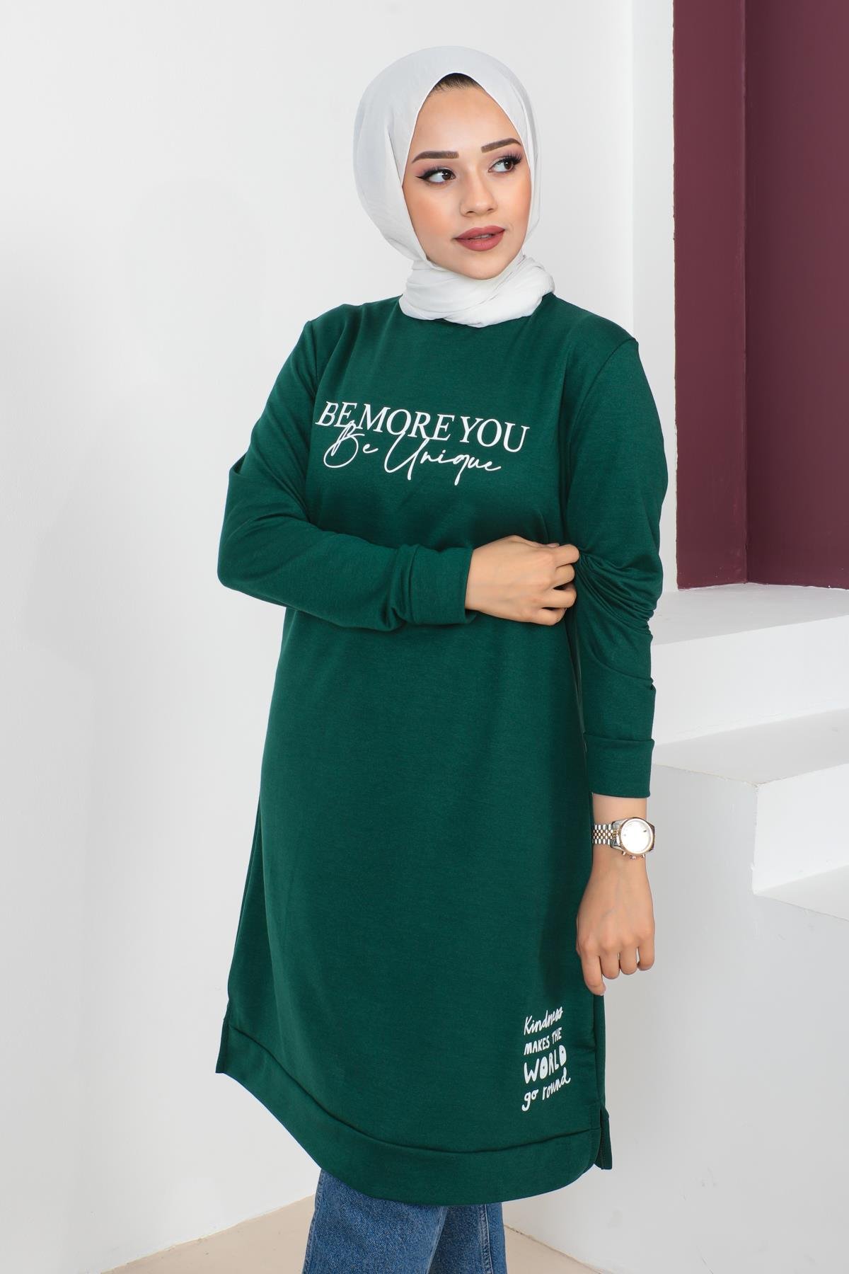Affan Moda | Baskılı Zümrüt Tesettür Tunik i- Modern Tesettür Giyim