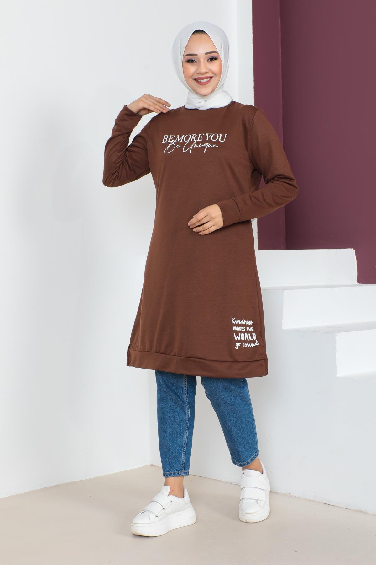 Affan Moda | Baskılı Kahverengi Tesettür Tunik i- Modern Tesettür Giyim